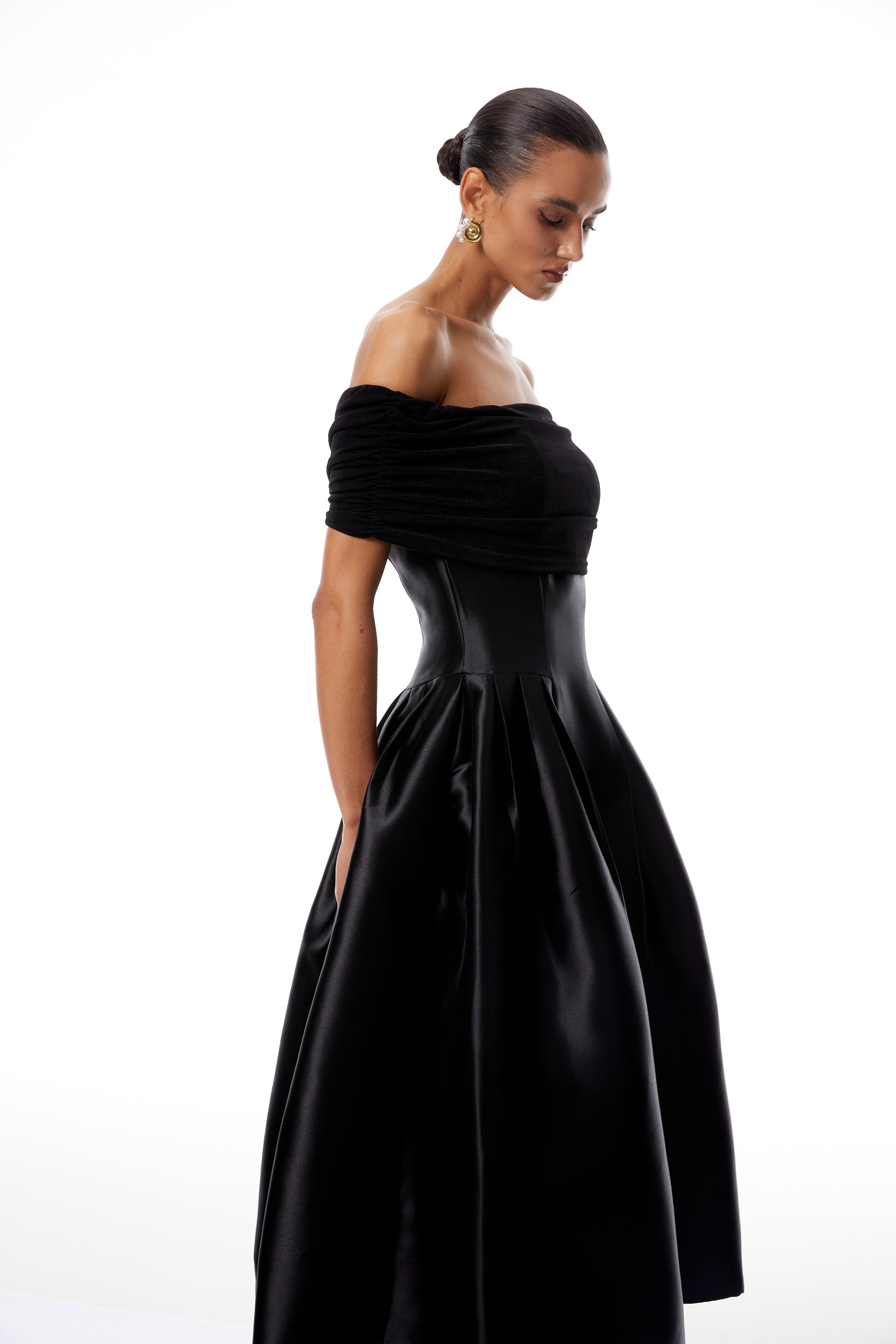 Black Off Shoulder Polished Midi Dress