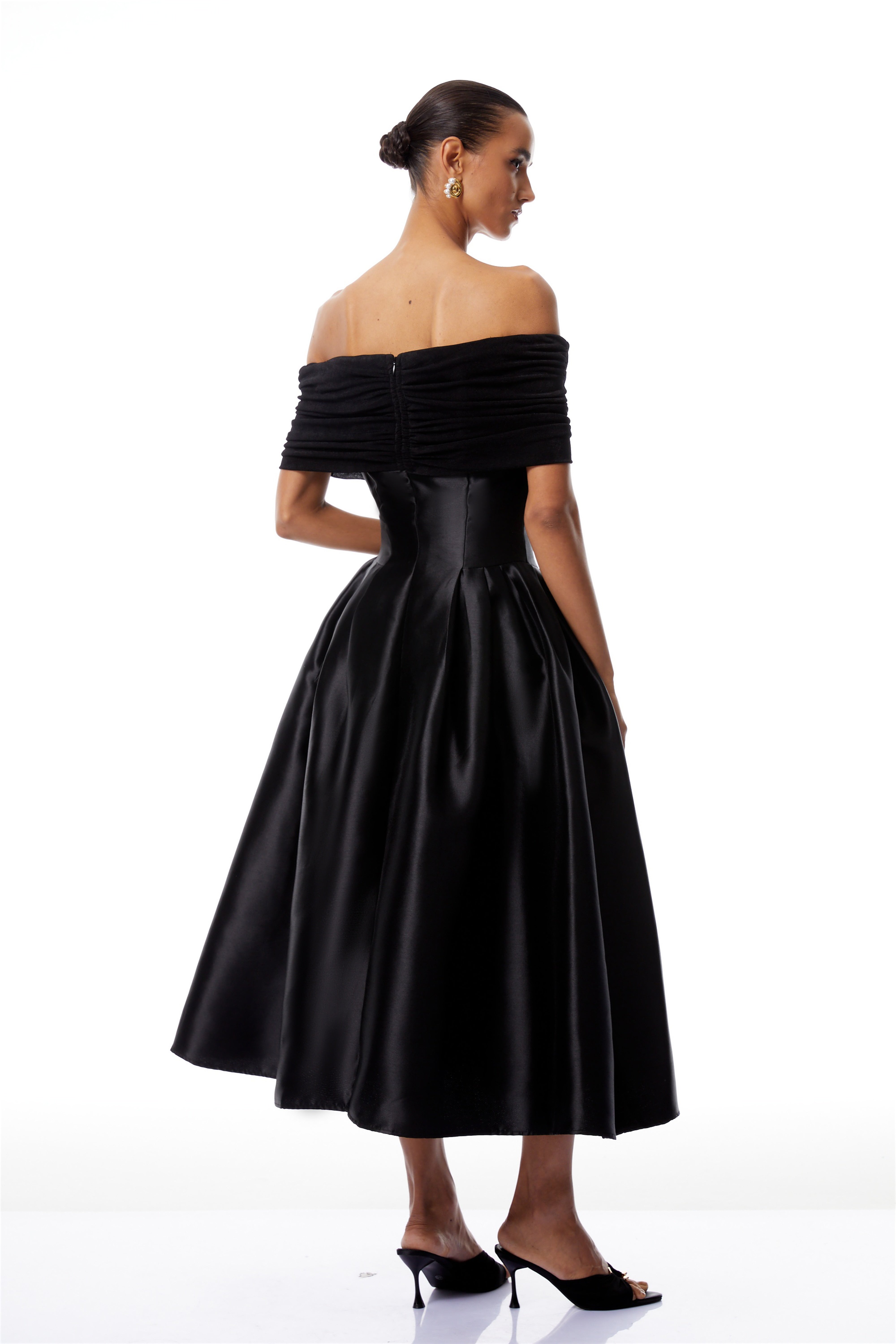 Black Off Shoulder Polished Midi Dress