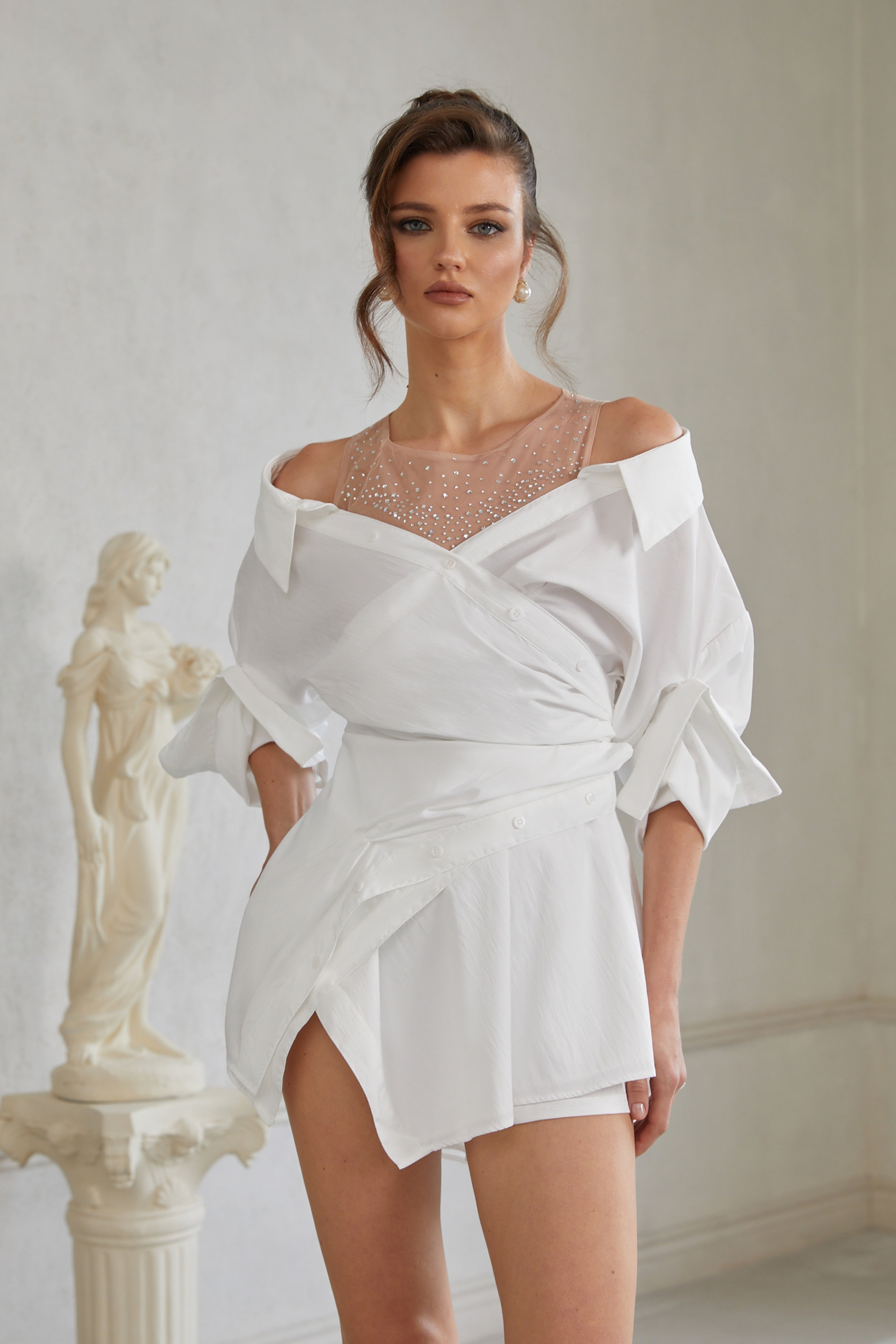 Jamie White Asymmetrical Gathered Mini Shirt Dress – Miss Rosier