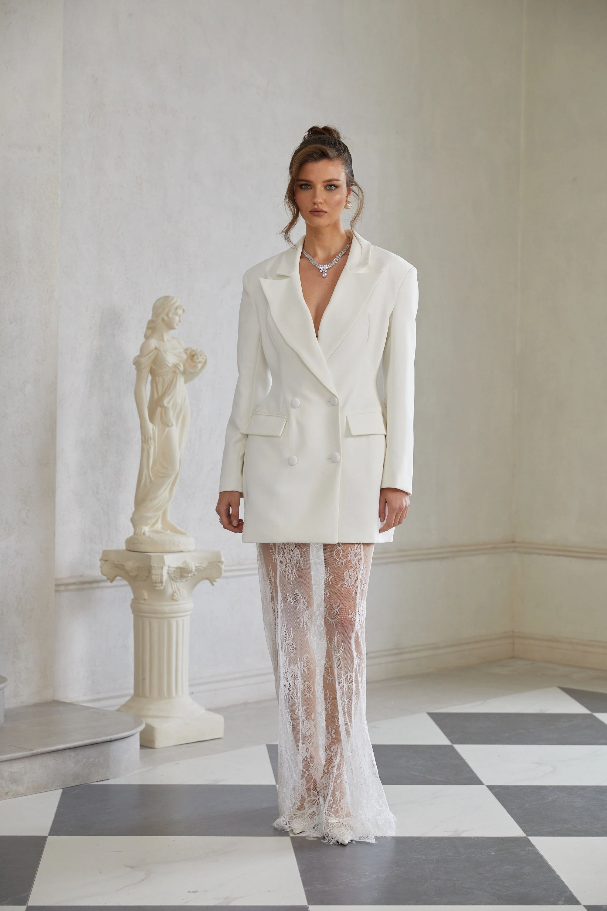White Blazer & Lace Skirt Set