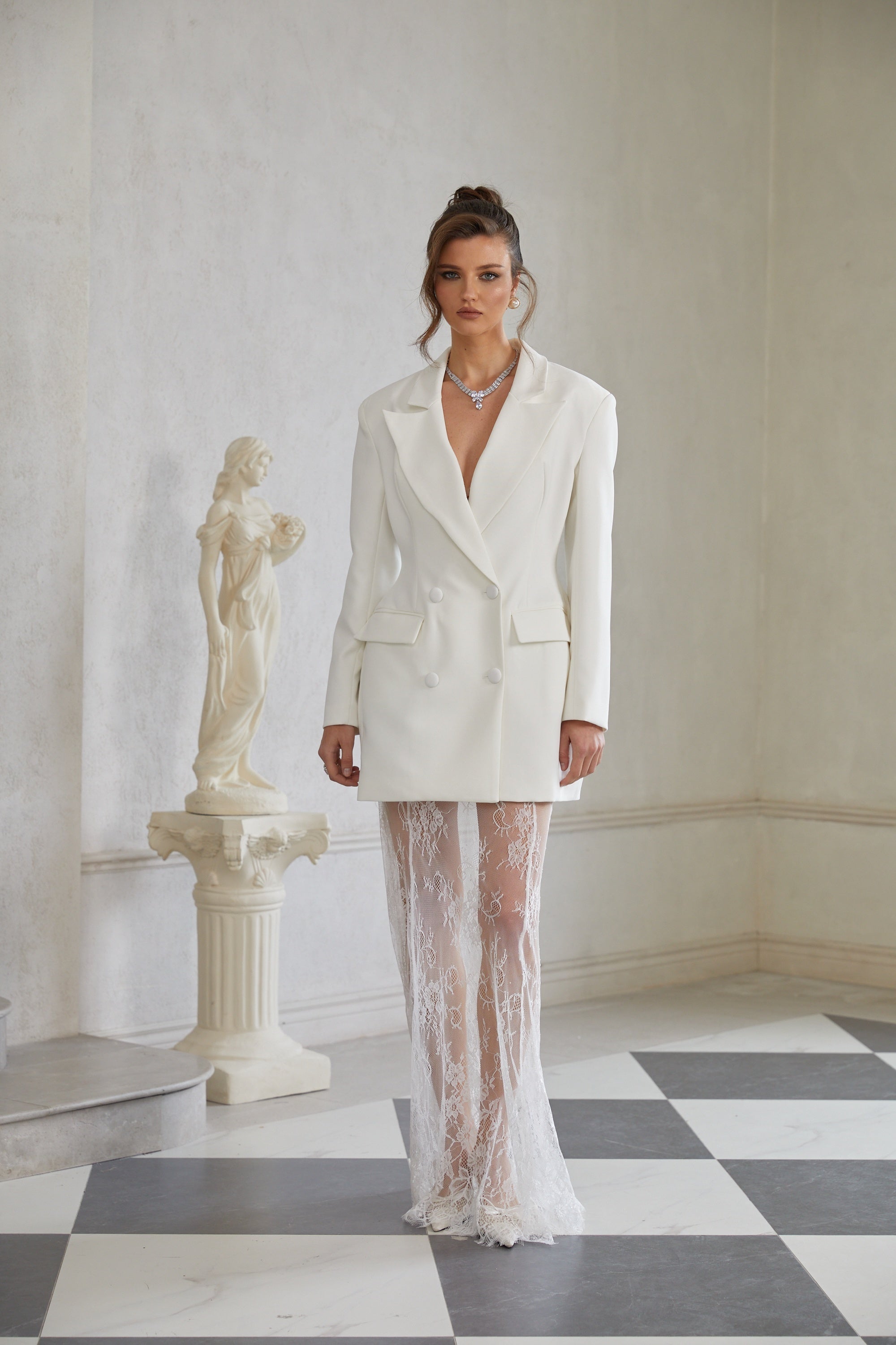 White Blazer & Lace Skirt Set