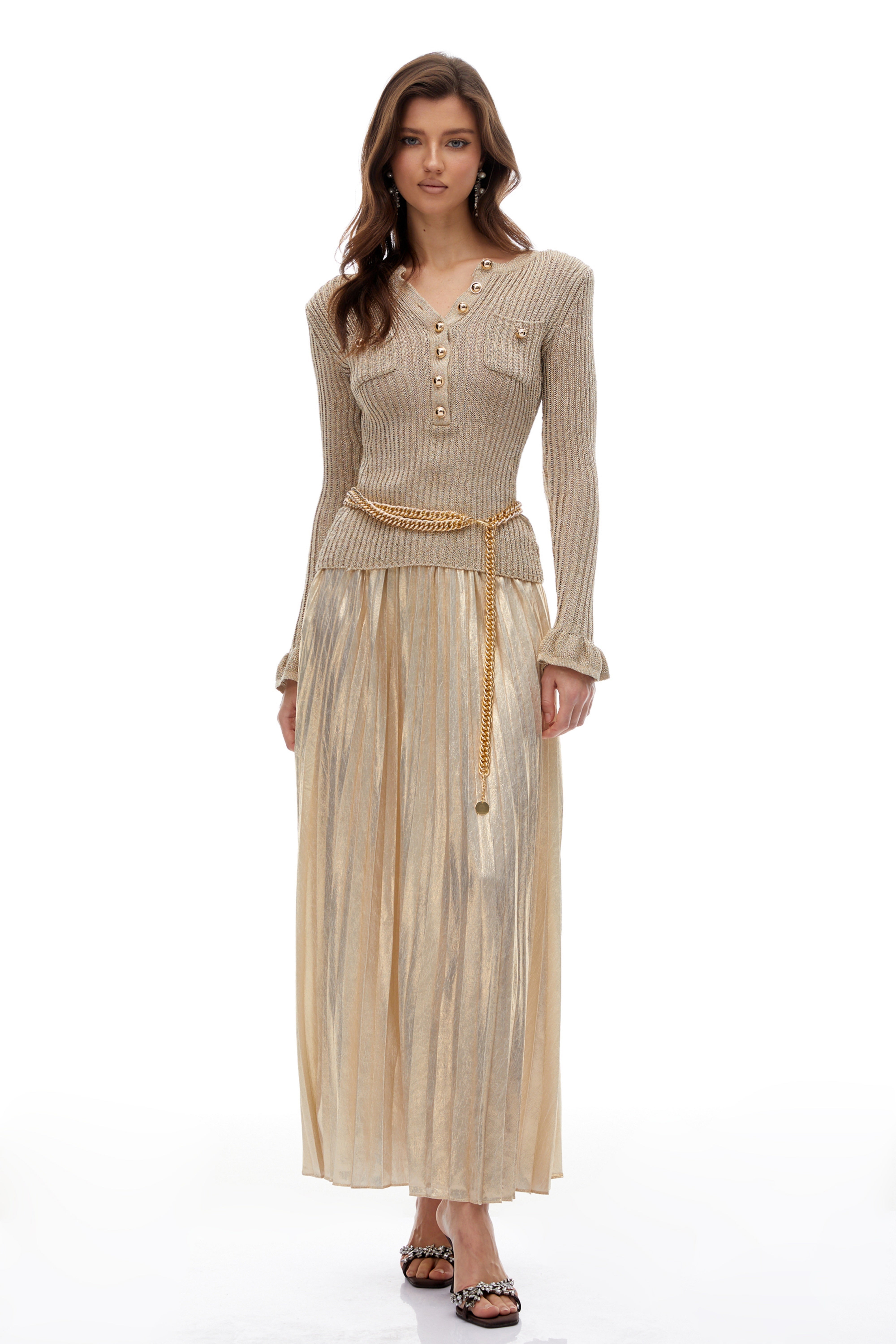 gold plisse maxi dress Hermosa Metallic Knit Pleated – Miss Rosier Satin maxi