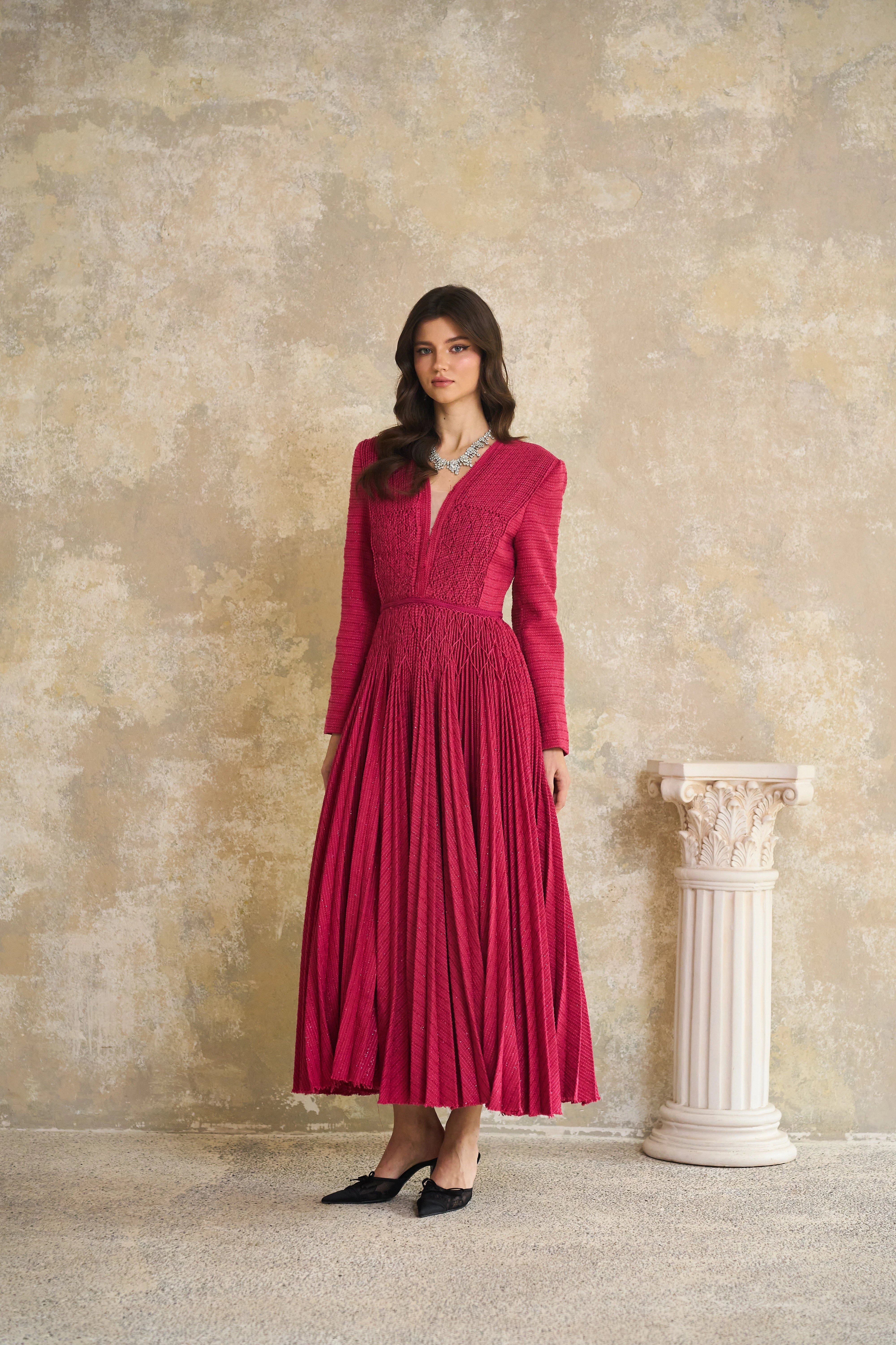 Red Braided Pleated Tweed Midi Dress