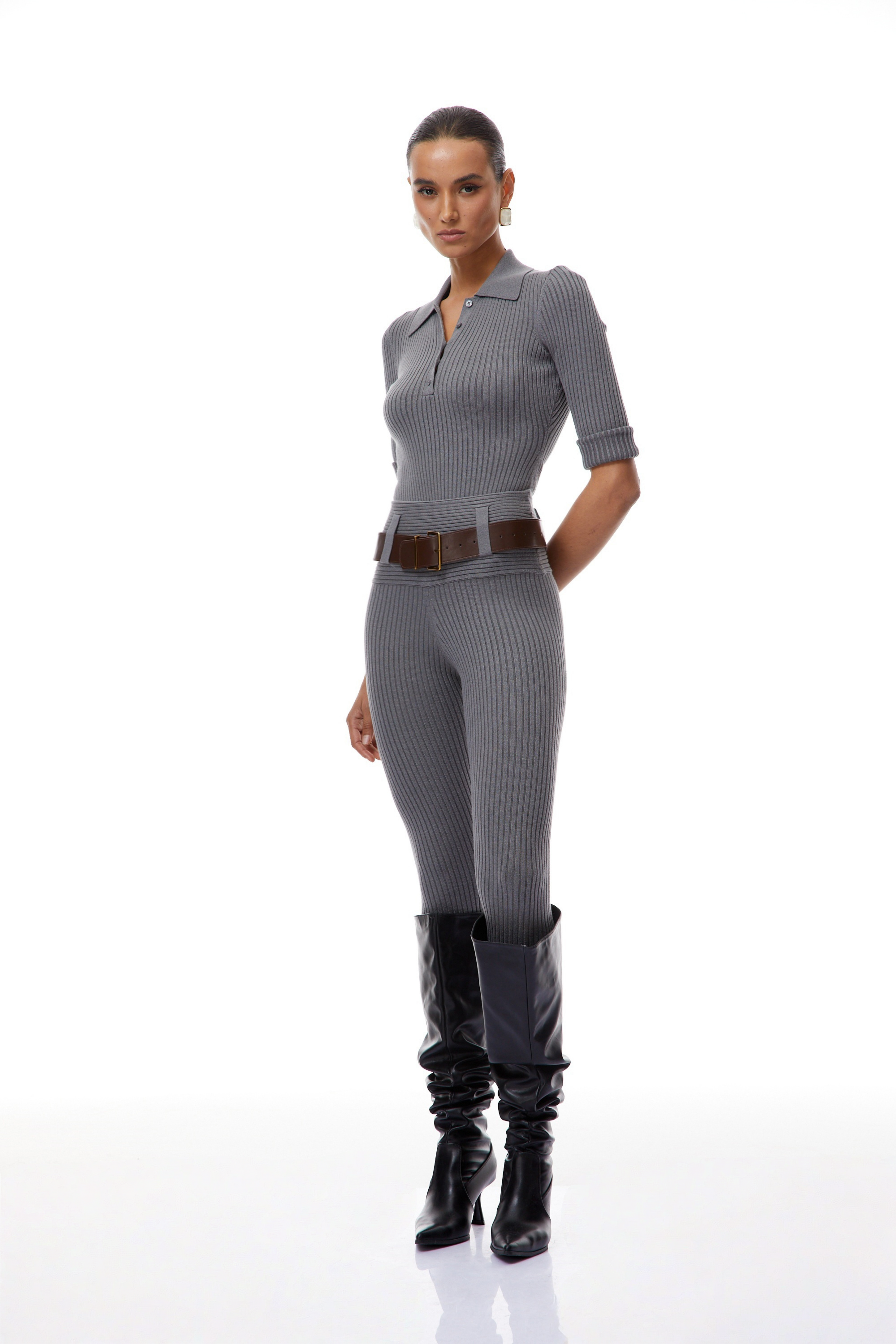 Grey Ribbed Knit Bodysuit & Trousers Set