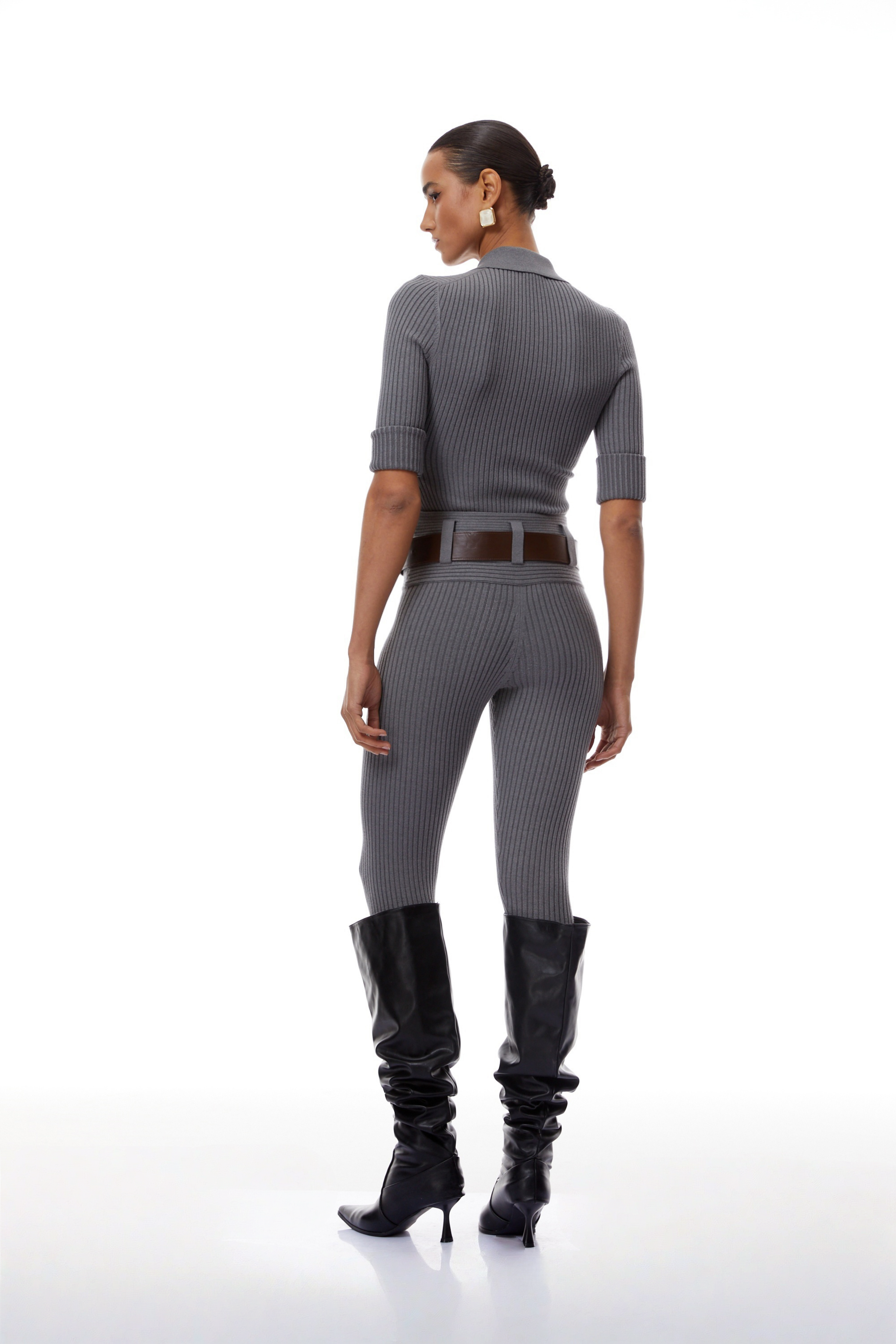 Grey Ribbed Knit Bodysuit & Trousers Set