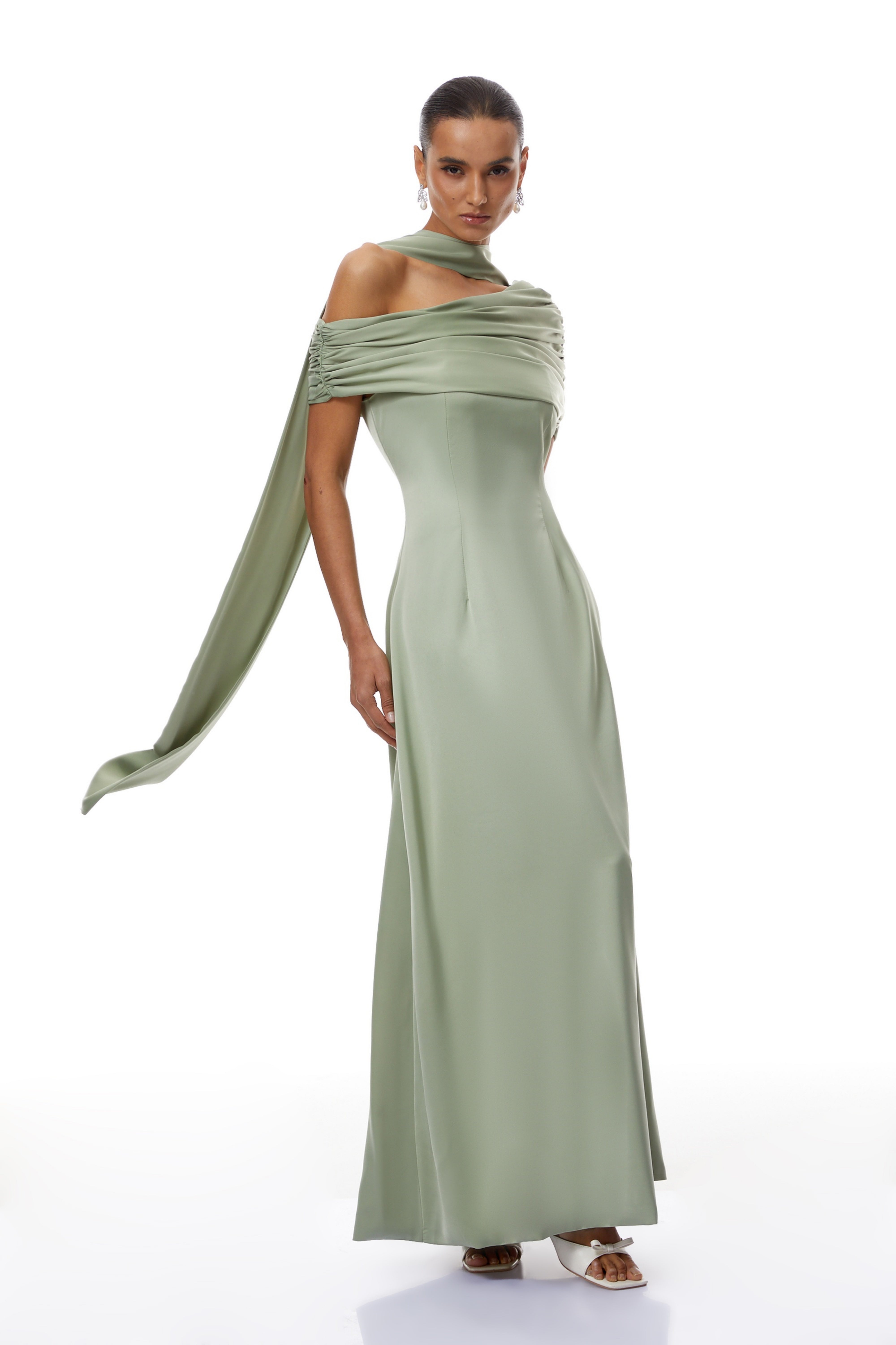 Green One Shoulder Satin Maxi Dress