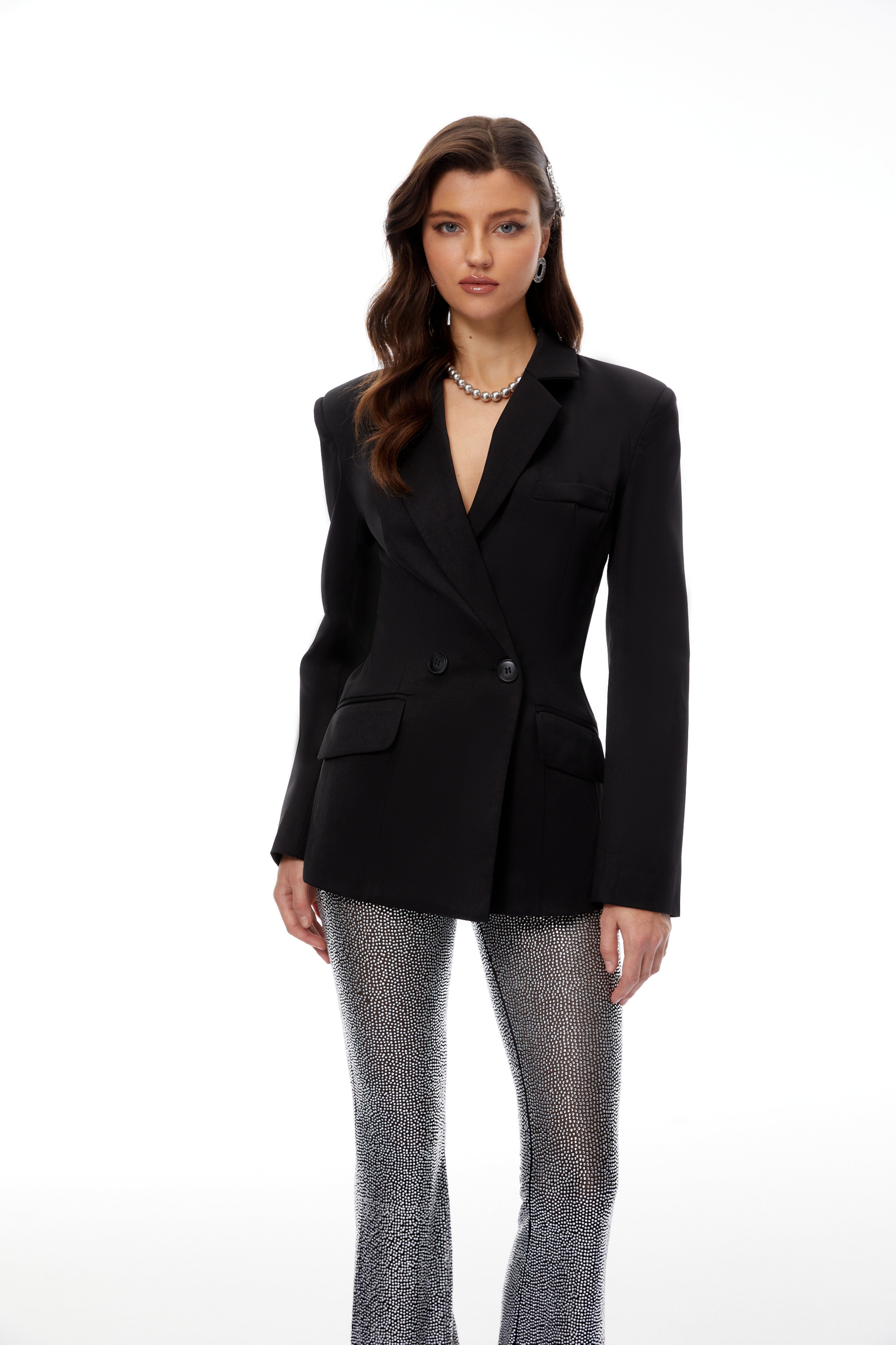 Edda Black Double-Breasted Blazer & Rhinestone Trousers Set (Final Sale-US Only)