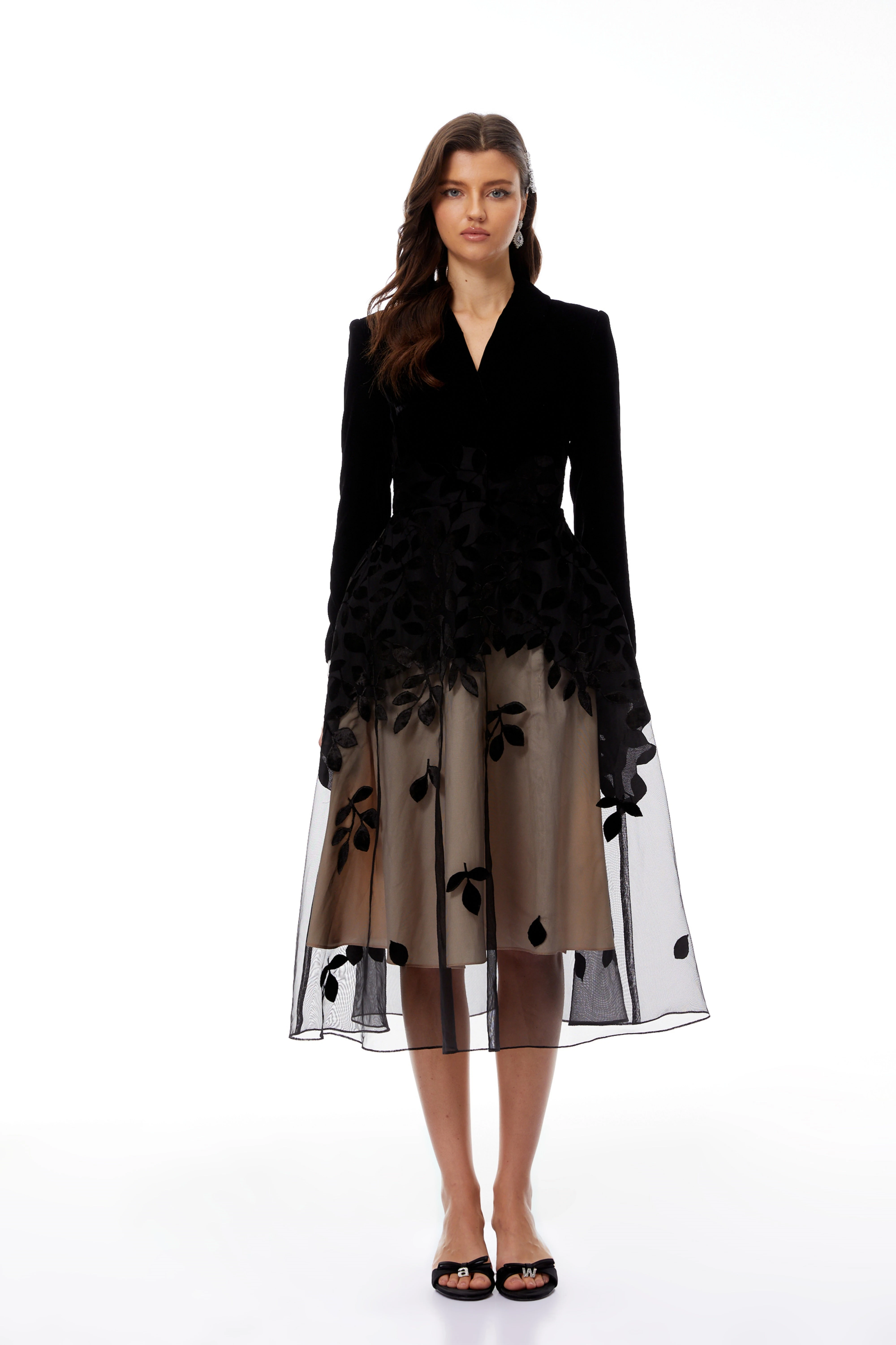 Black velvet floral mesh midi dress