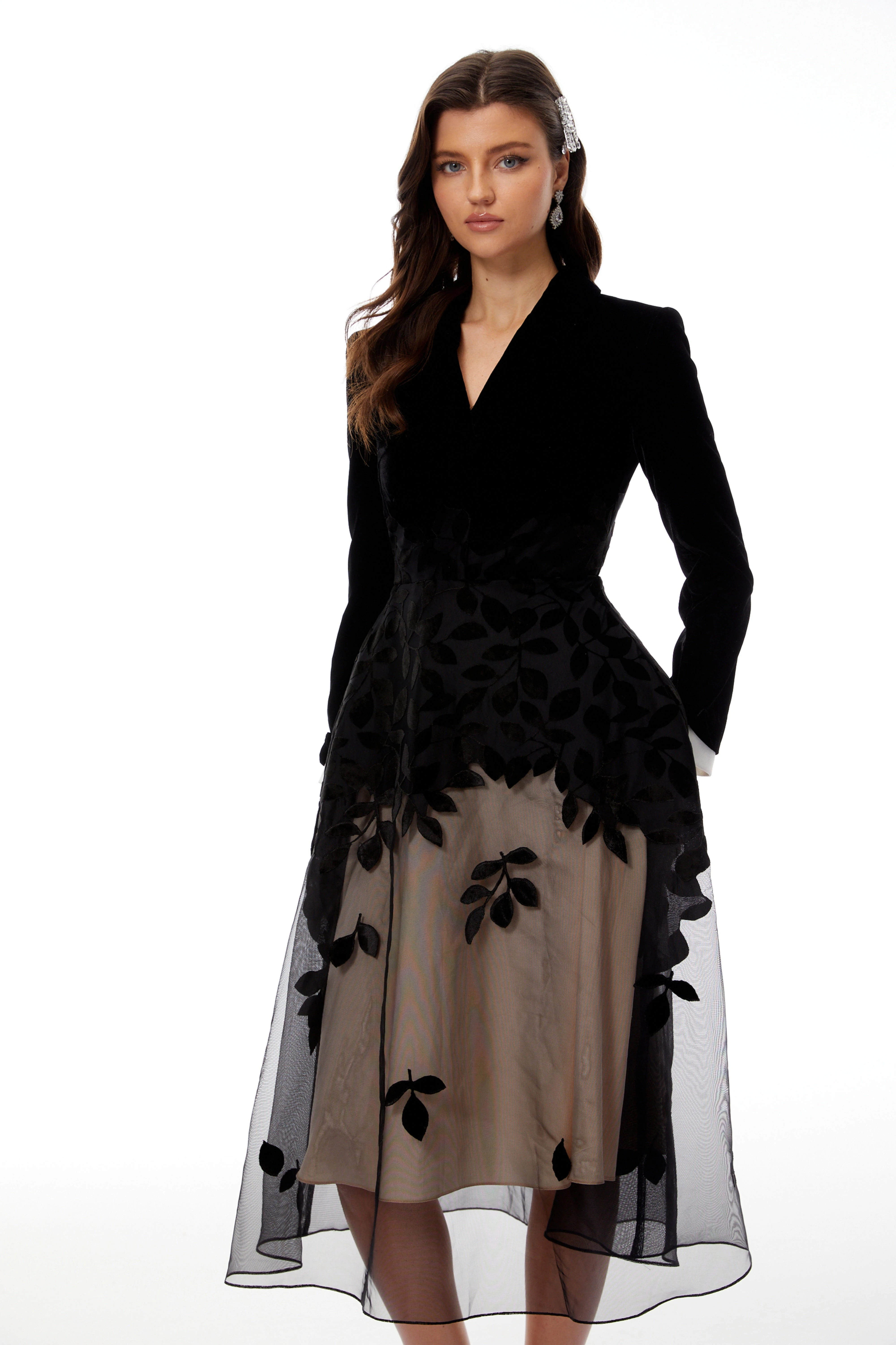 Black velvet floral mesh midi dress