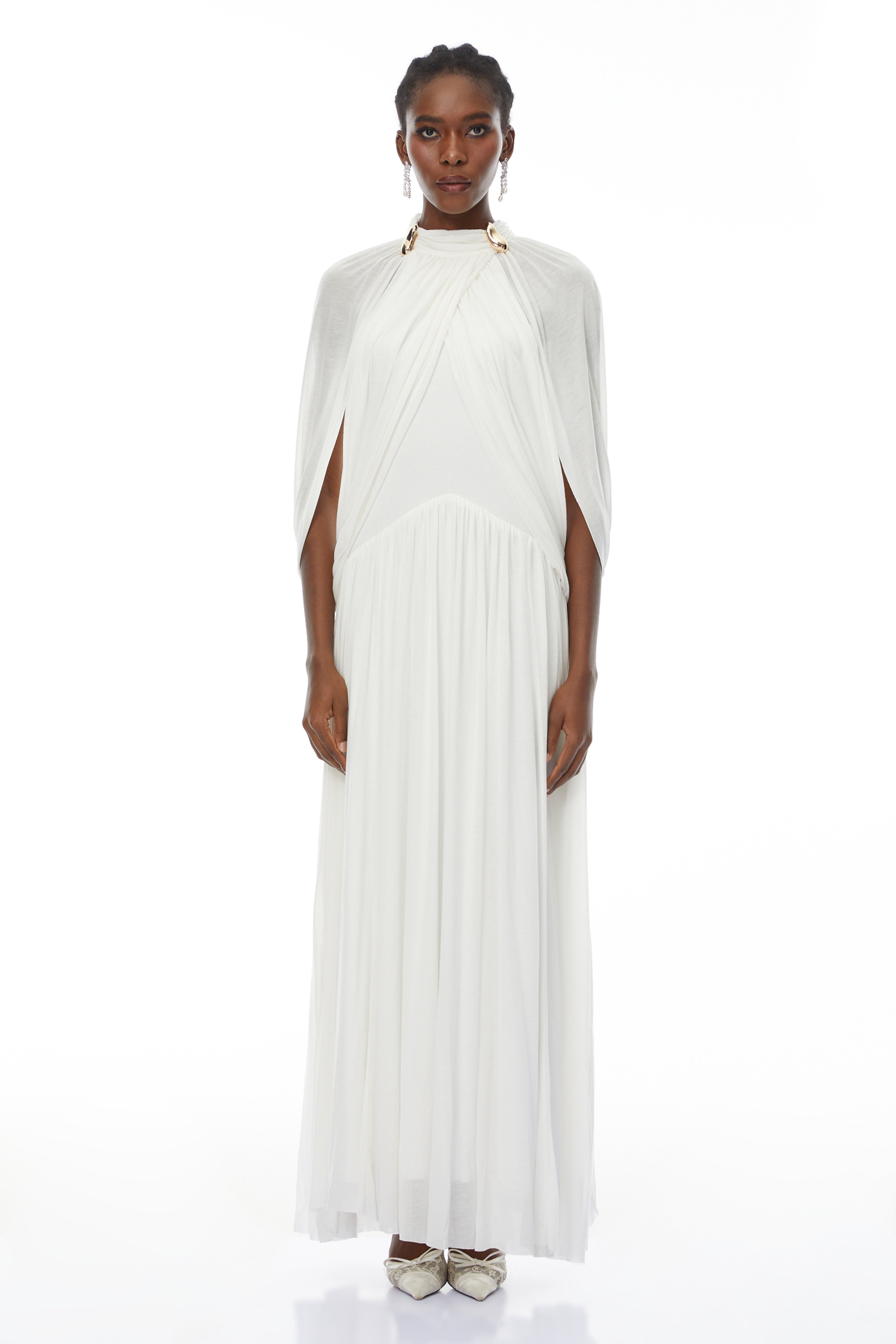 Bergljot White Cape Design Mesh Maxi Dress (Final Sale)