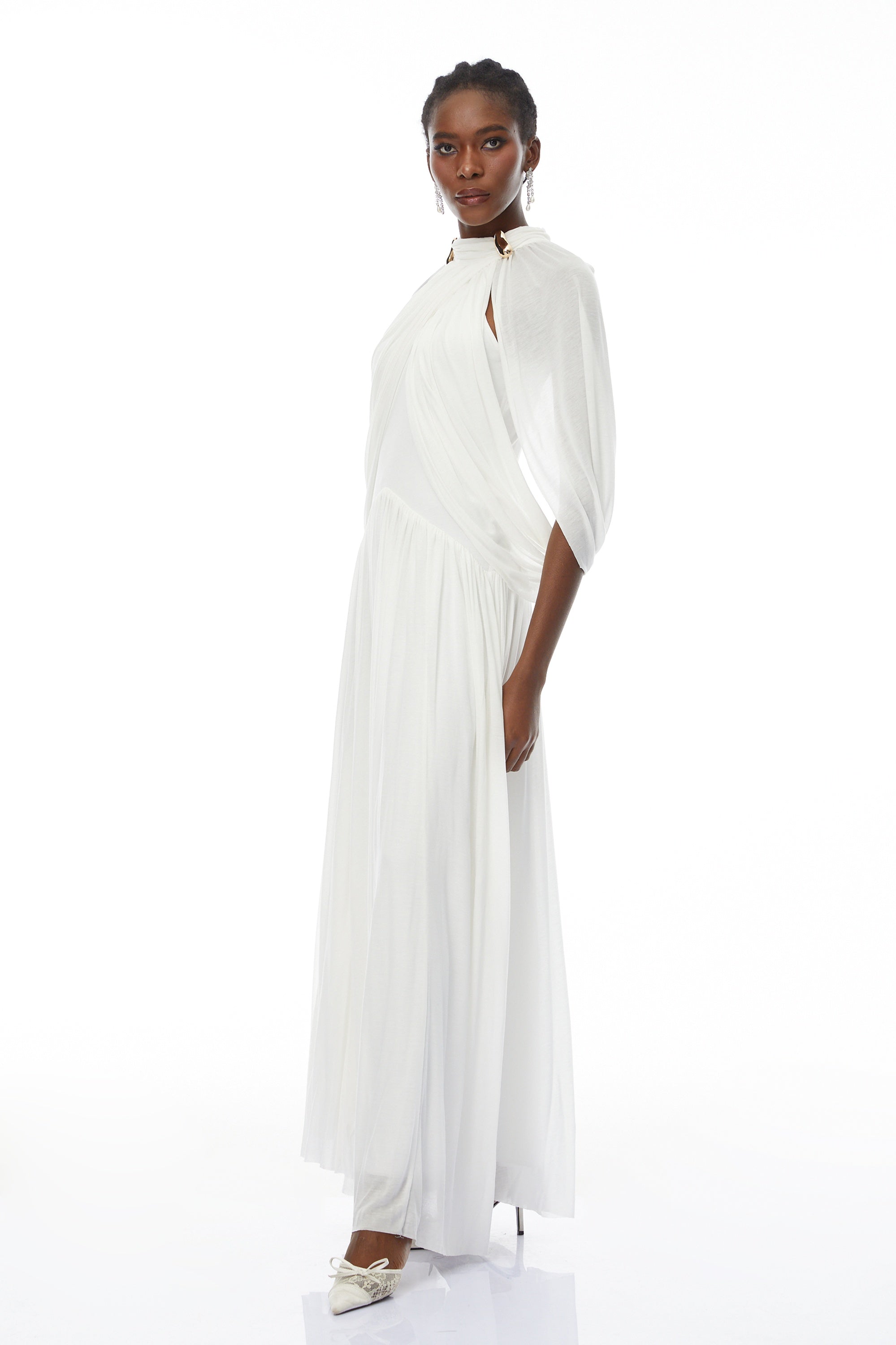 Bergljot White Cape Design Mesh Maxi Dress (Final Sale)