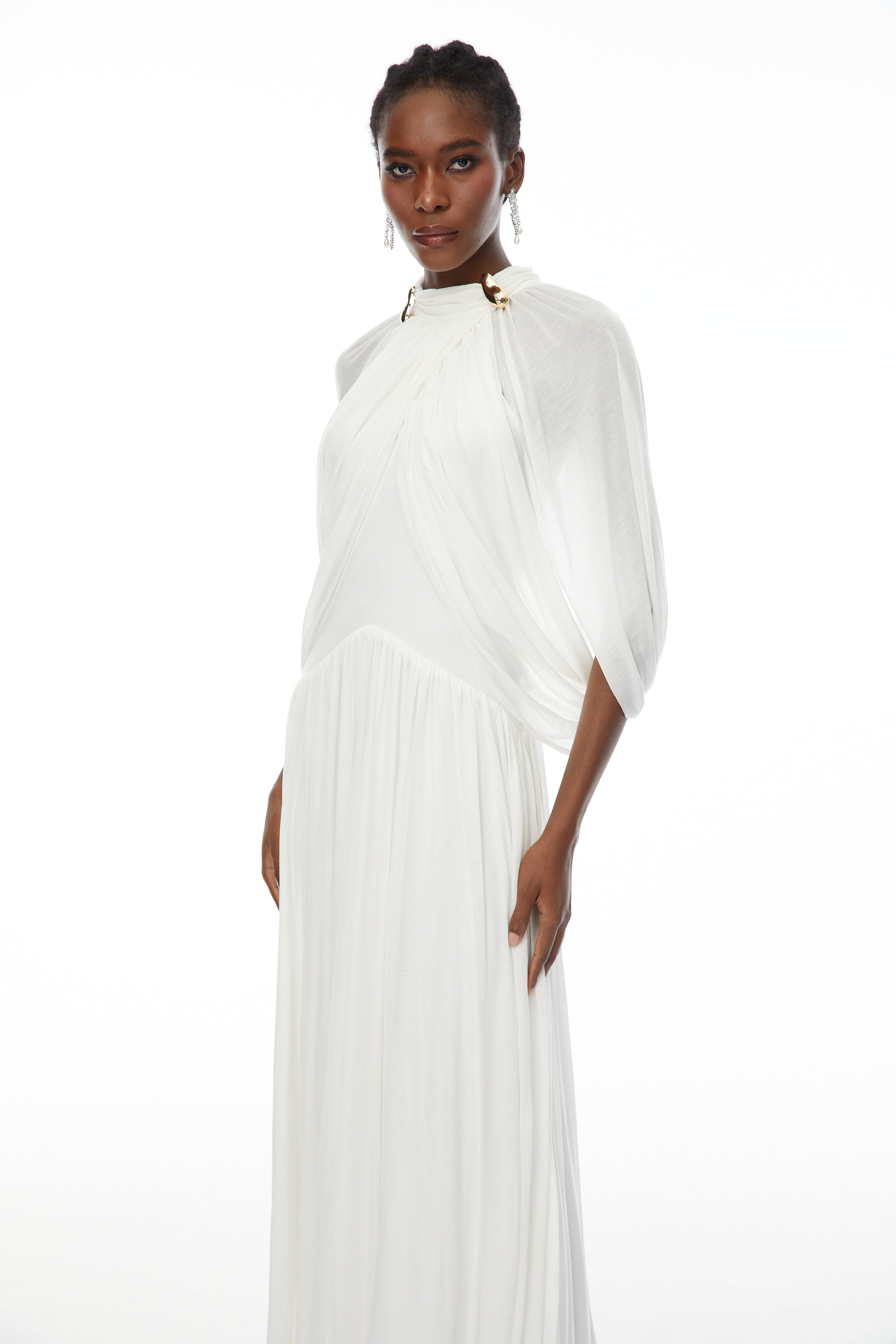 Bergljot White Cape Design Mesh Maxi Dress (Final Sale)