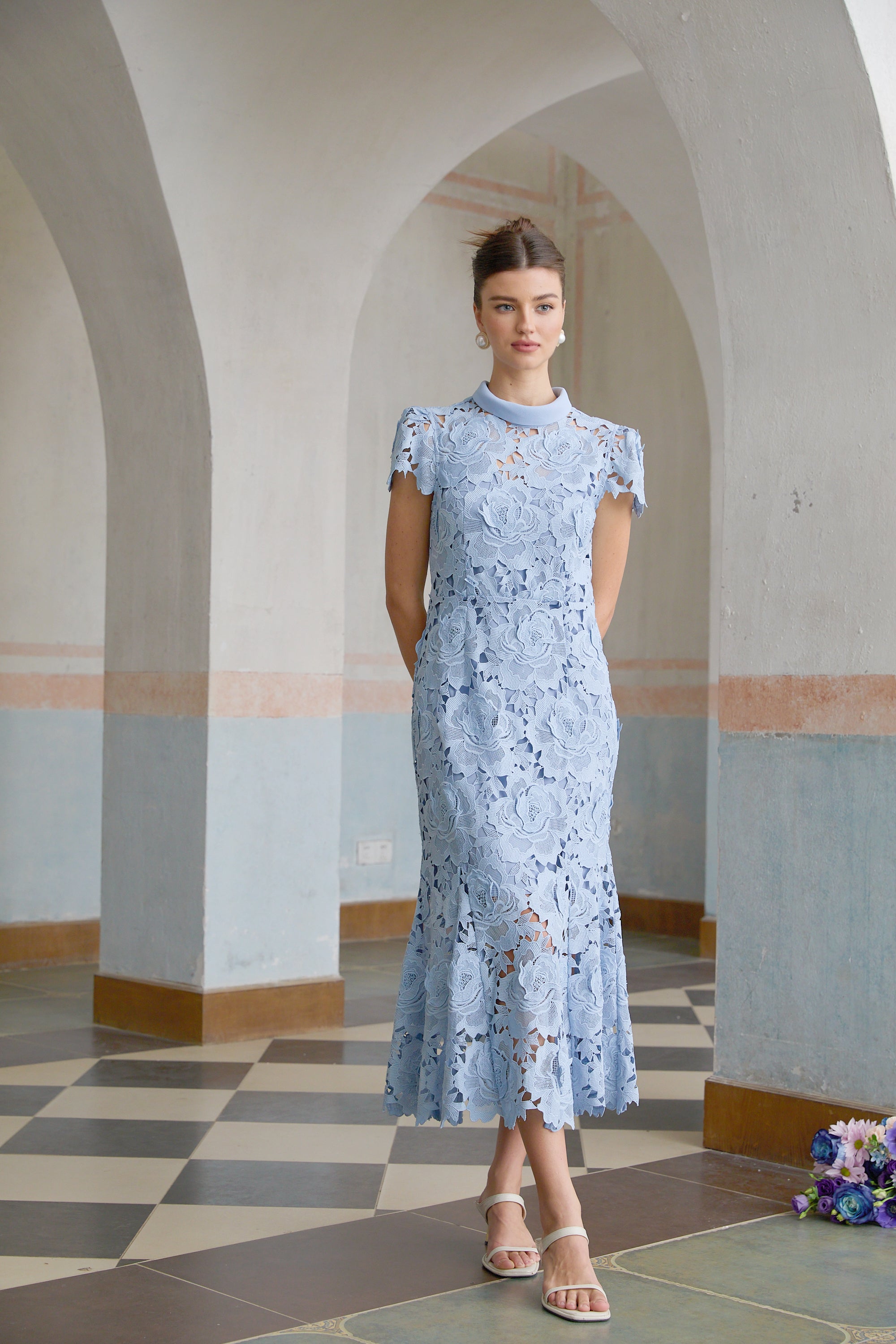Aurore Blue Floral Appliqué Lace Midi Dress – Miss Rosier