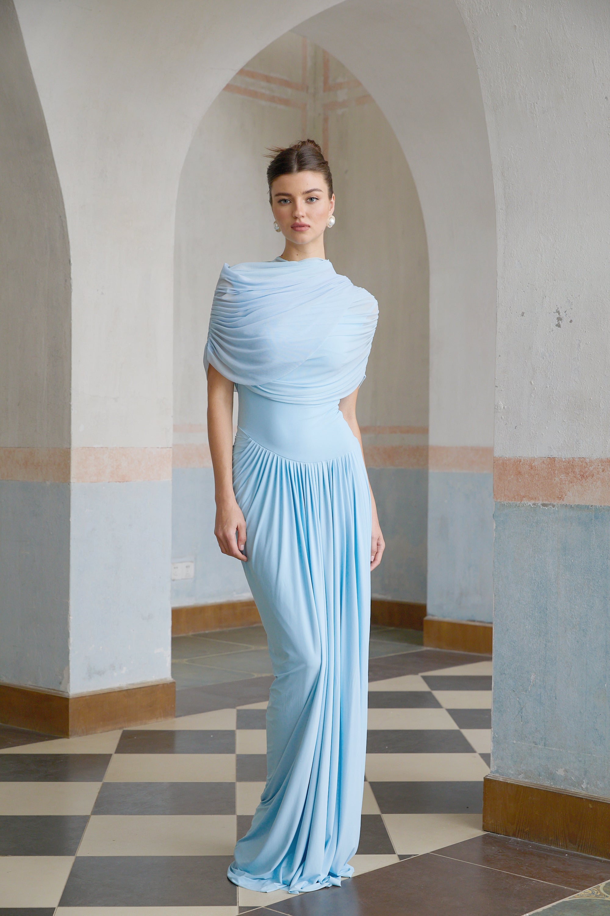 Catherine Asymmetrical Pleated Maxi Dress in Baby-blue – Miss