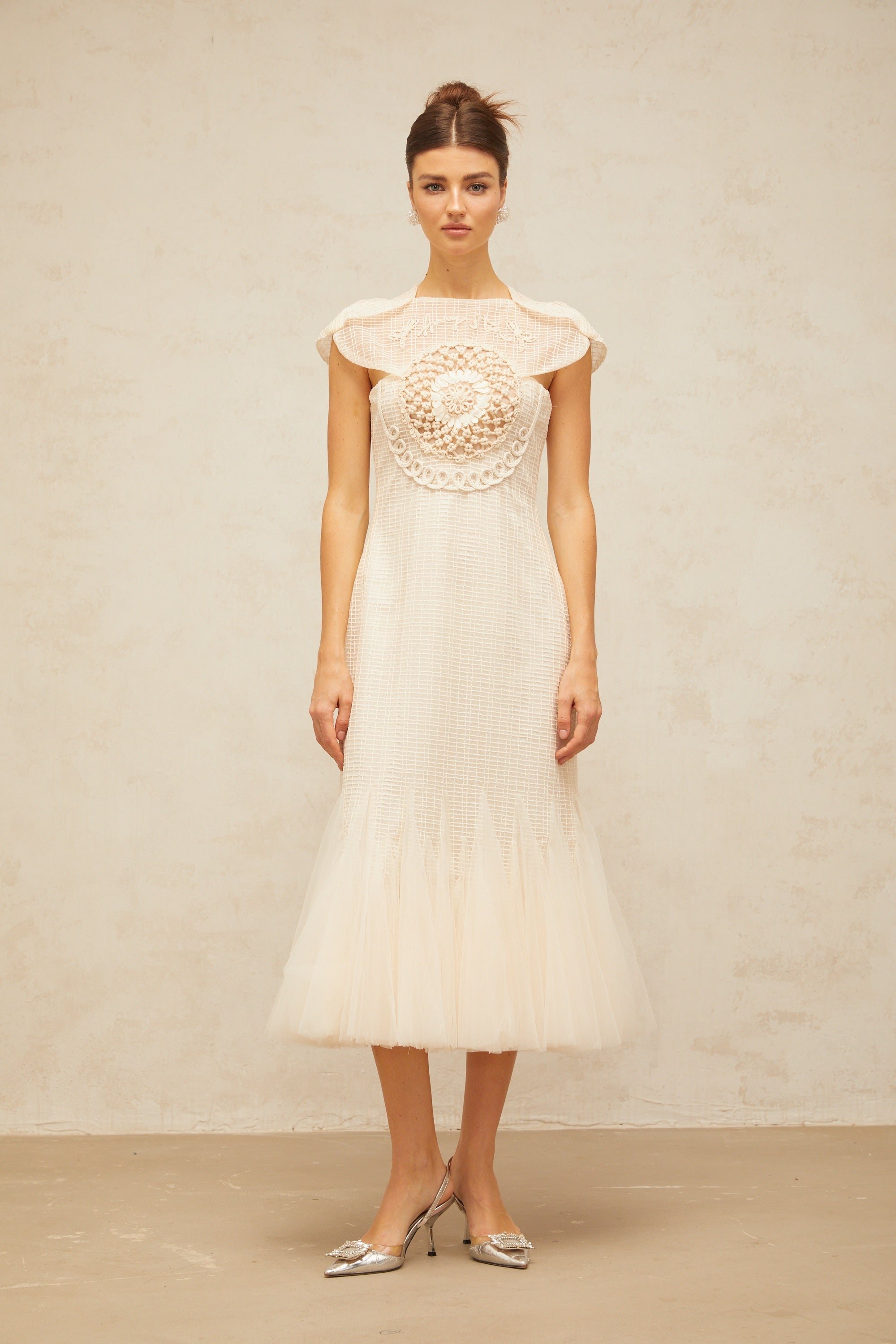 Bérengère white jacquard tulle-panel midi dress (Final Sale-US Only)