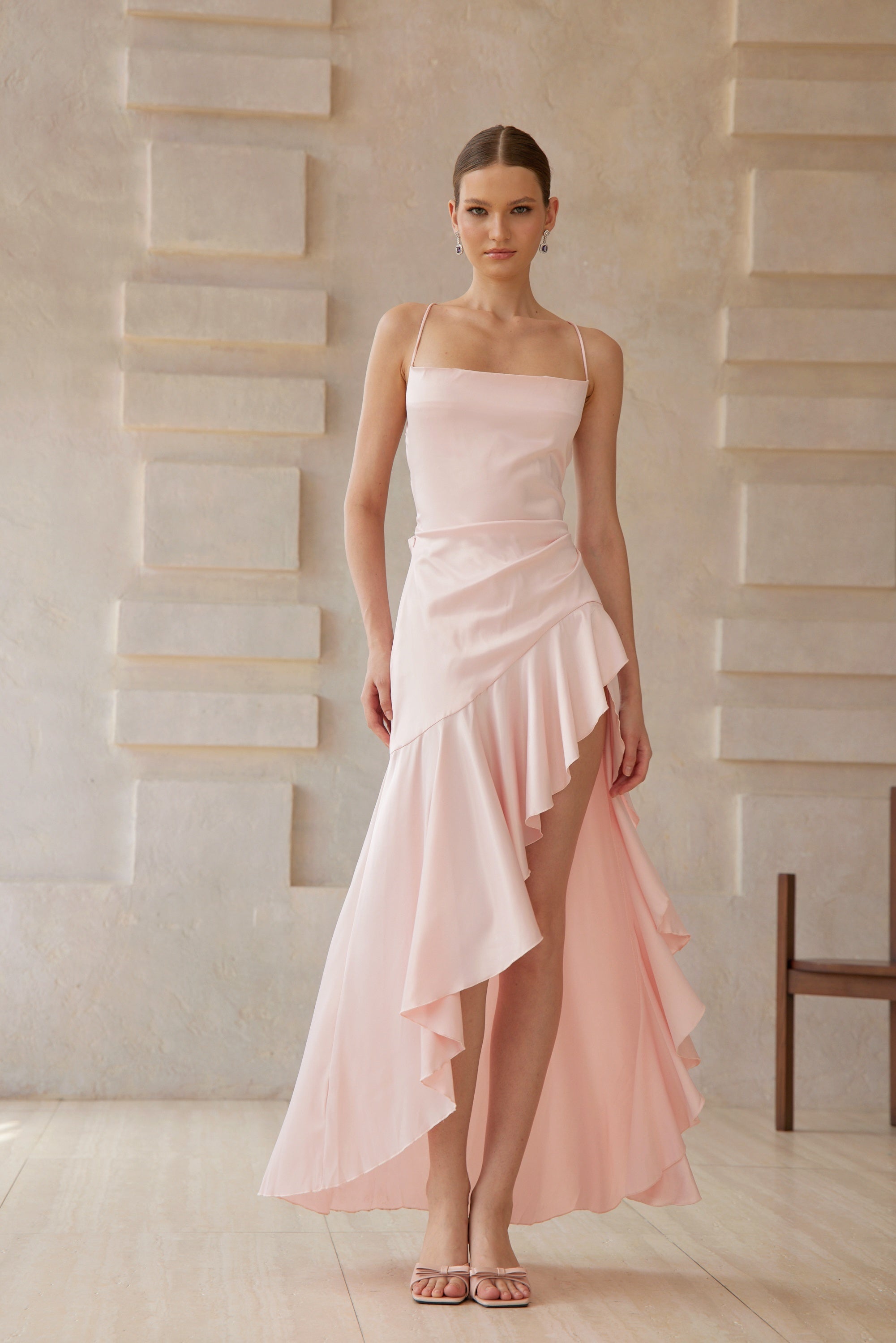 Léna Pink Asymmetrical Satin Midi Dress (Final Sale-US Only