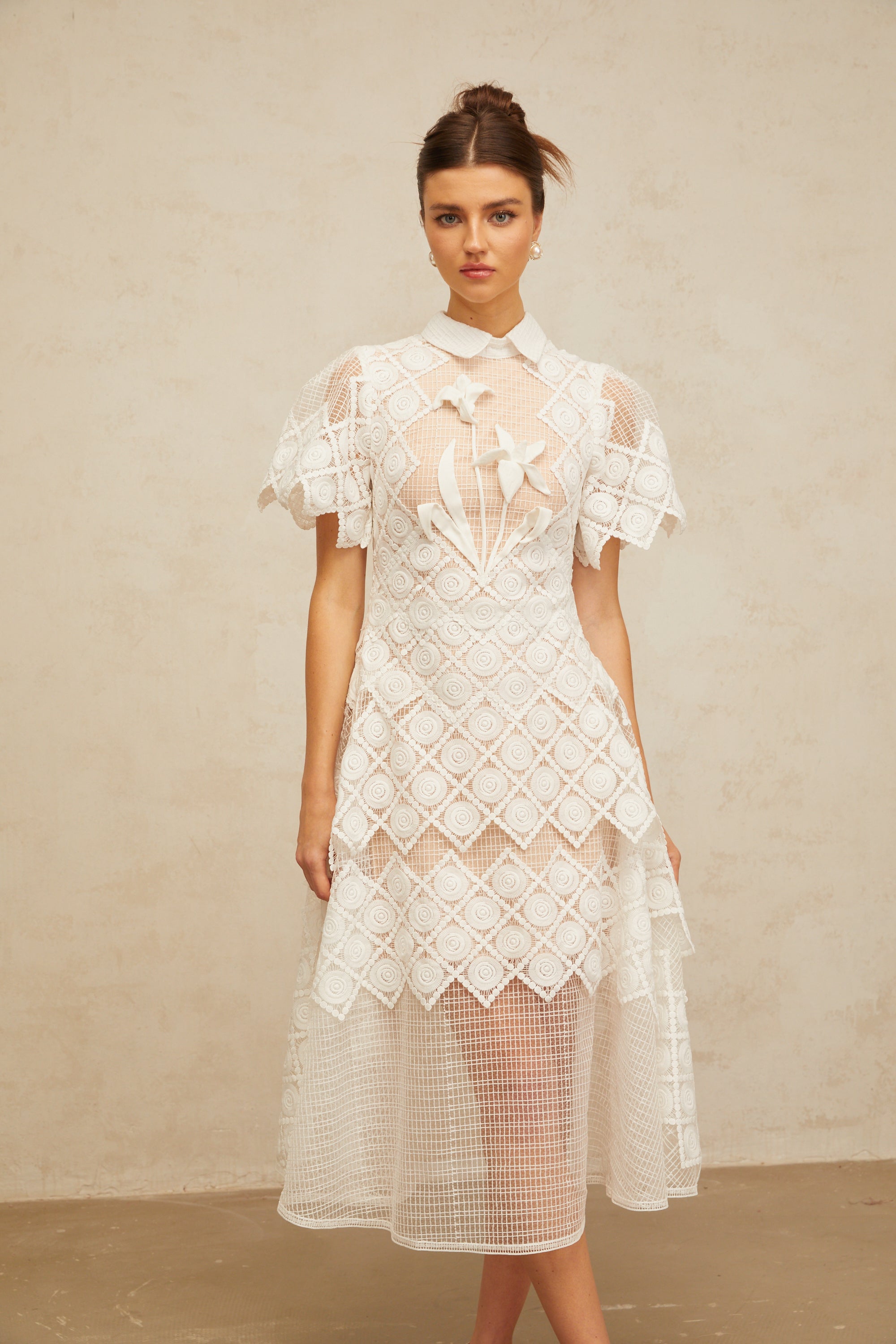 Yasmine White Floral-embroidered Midi Dress