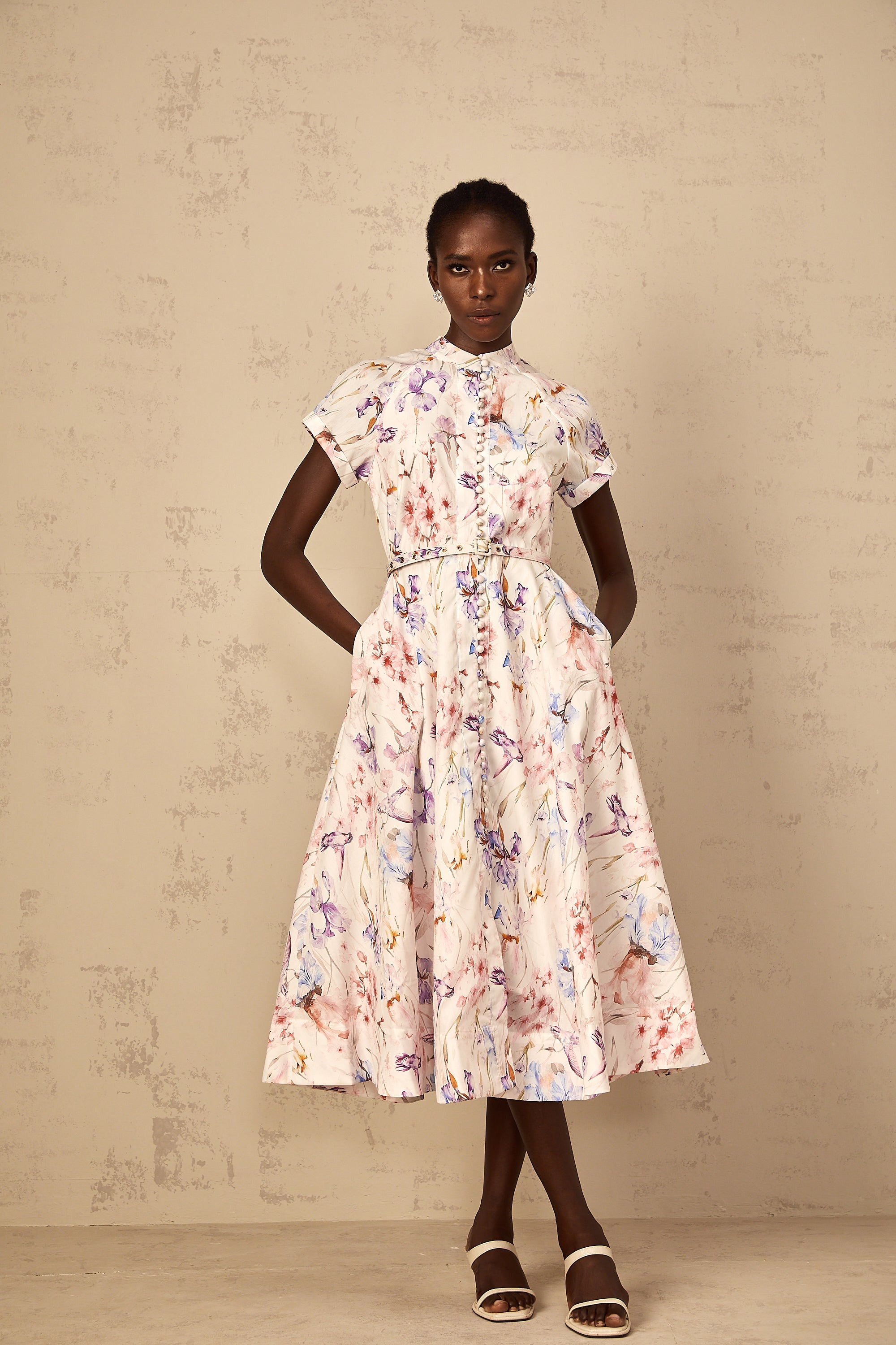 Géraldine White Mock-Neck Floral Print Midi Dress (Final Sale-US Only)