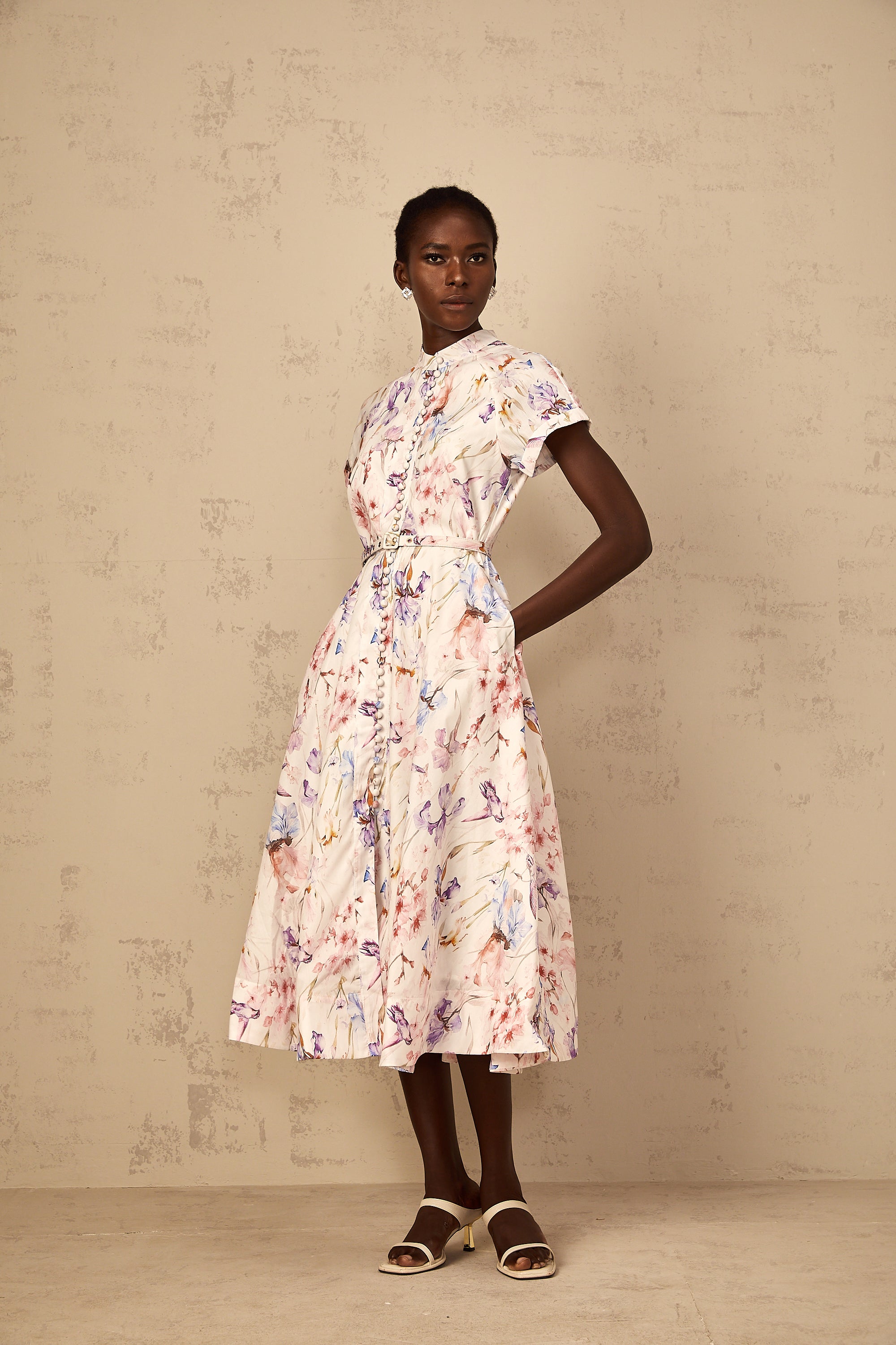 Géraldine White Mock-Neck Floral Print Midi Dress (Final Sale-US Only)