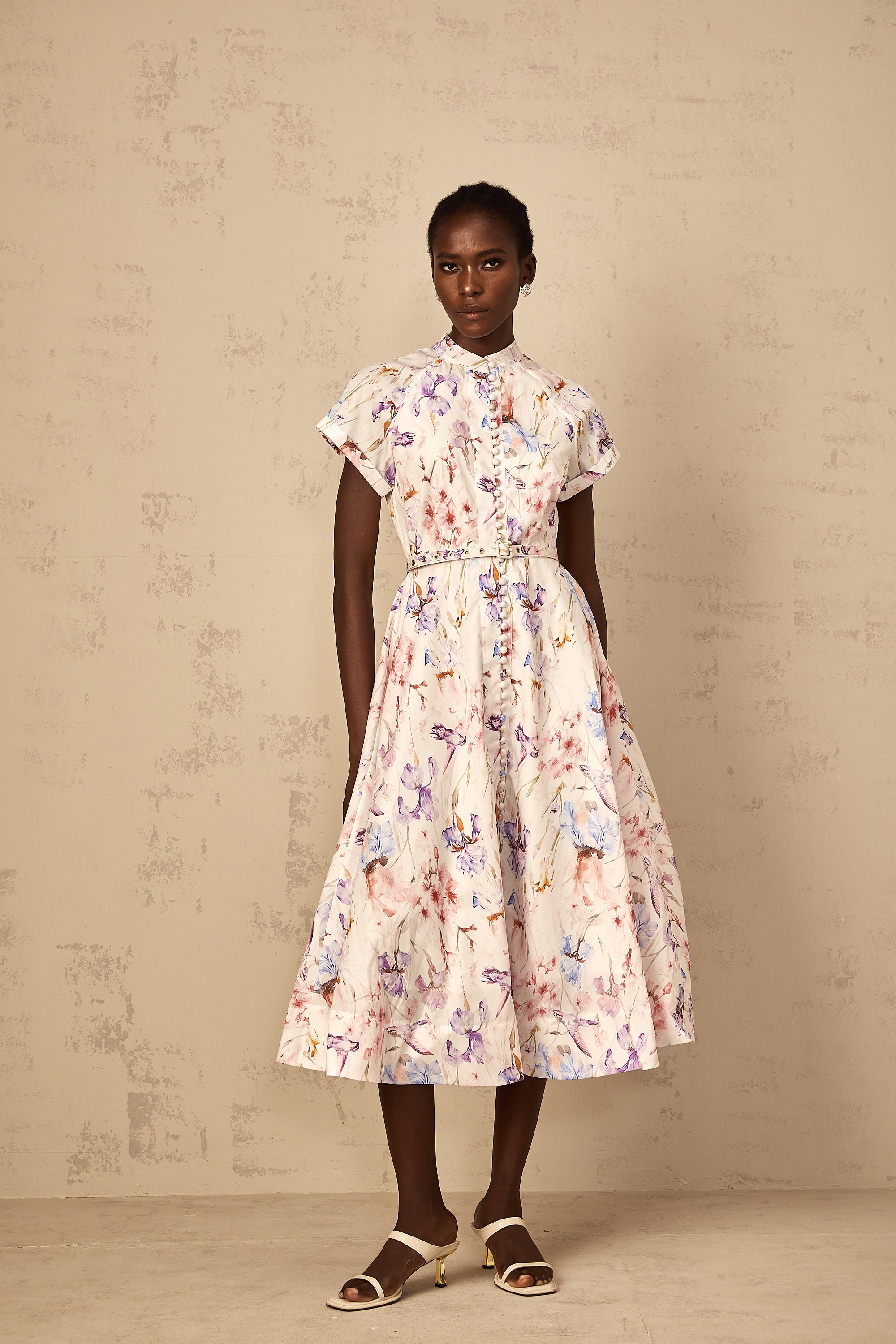 Géraldine White Mock-Neck Floral Print Midi Dress (Final Sale-US Only)