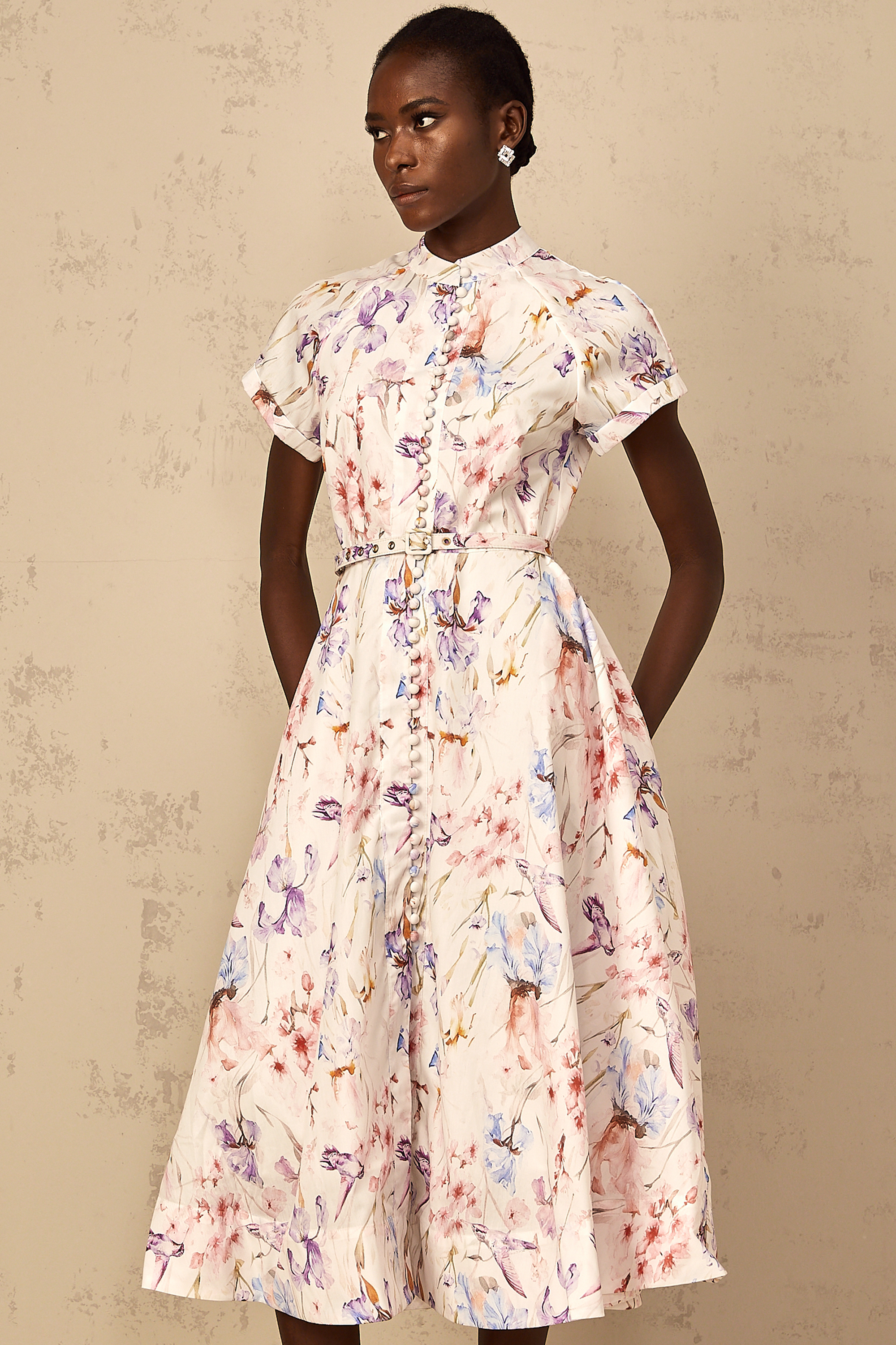 Géraldine White Mock-Neck Floral Print Midi Dress (Final Sale-US Only)