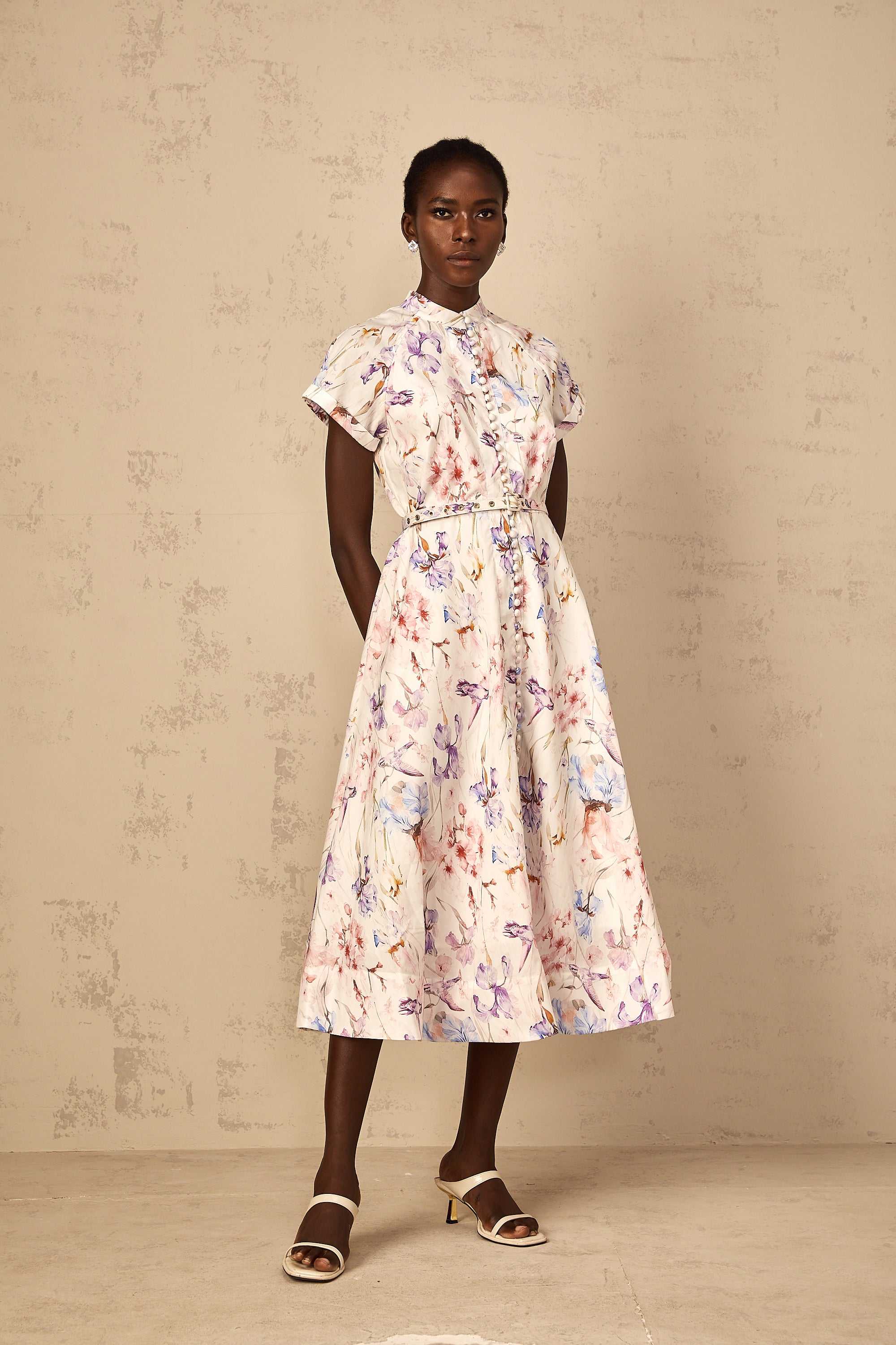 Géraldine White Mock-Neck Floral Print Midi Dress (Final Sale-US Only)