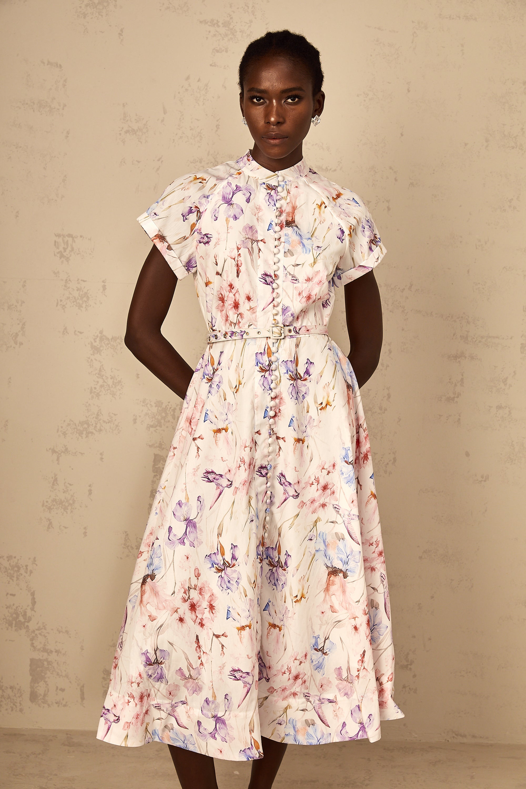 Géraldine White Mock-Neck Floral Print Midi Dress (Final Sale-US Only)
