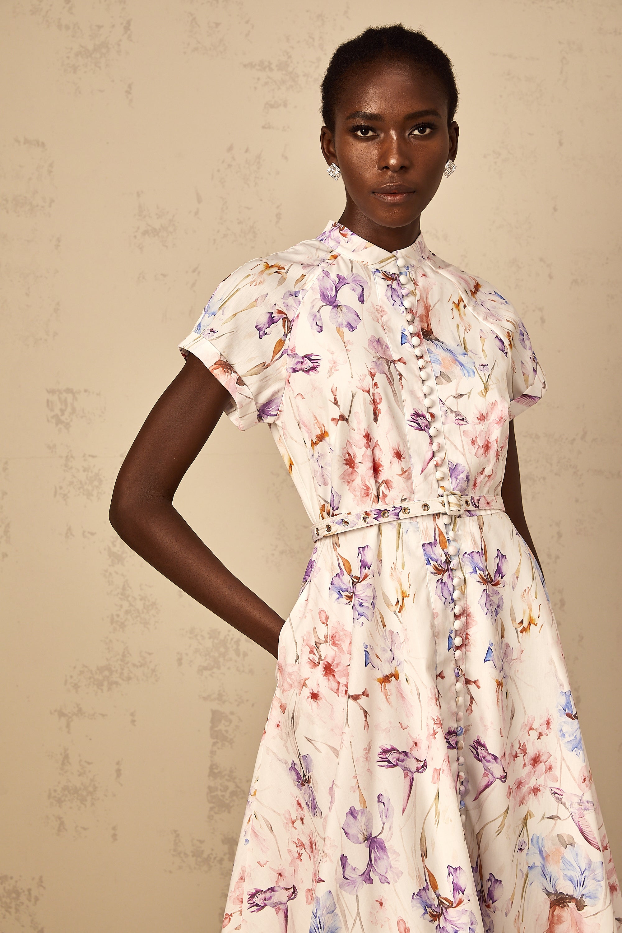 Géraldine White Mock-Neck Floral Print Midi Dress (Final Sale-US Only)