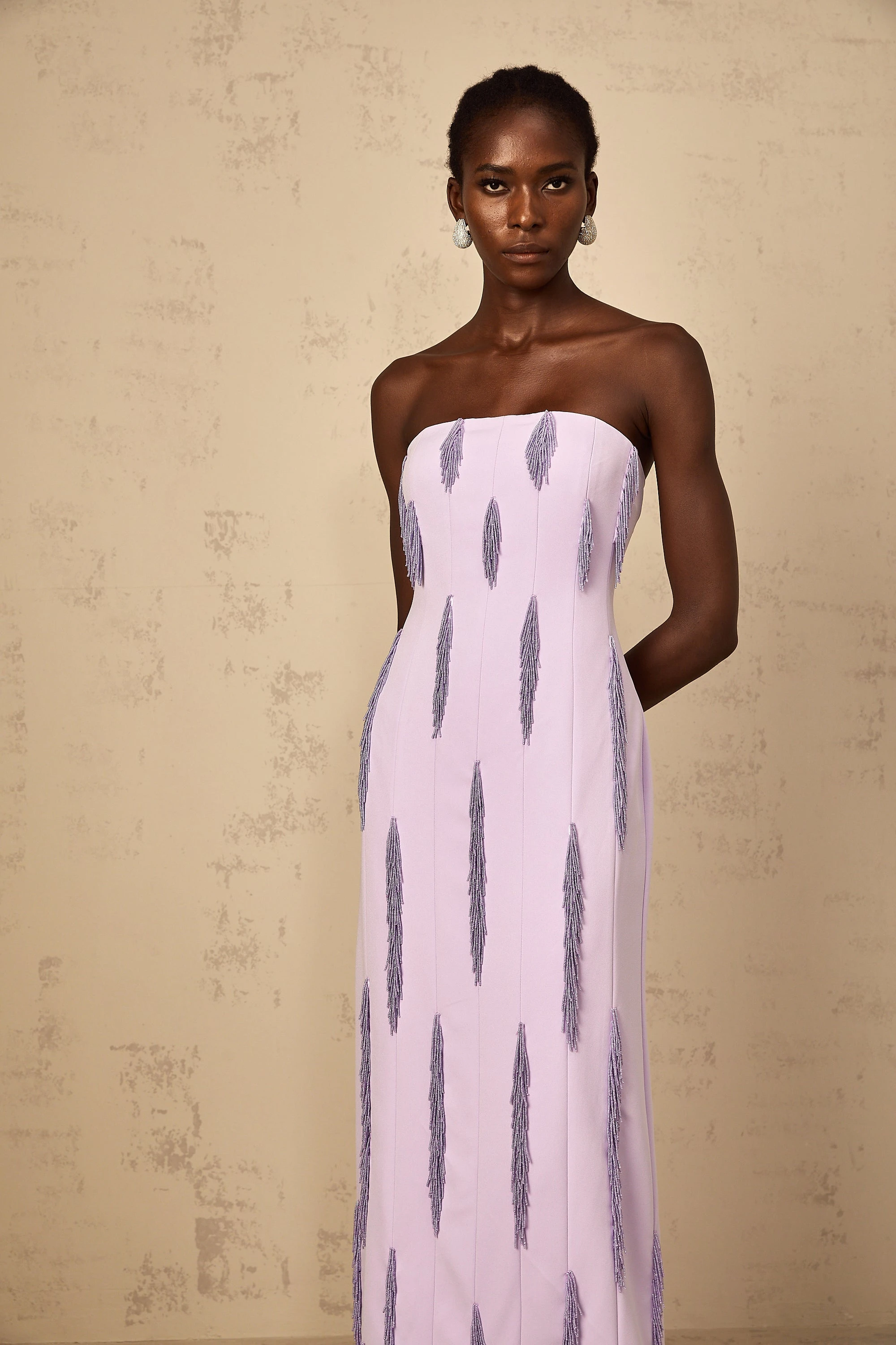 Lavender strapless maxi dress with vertical fringe detailing