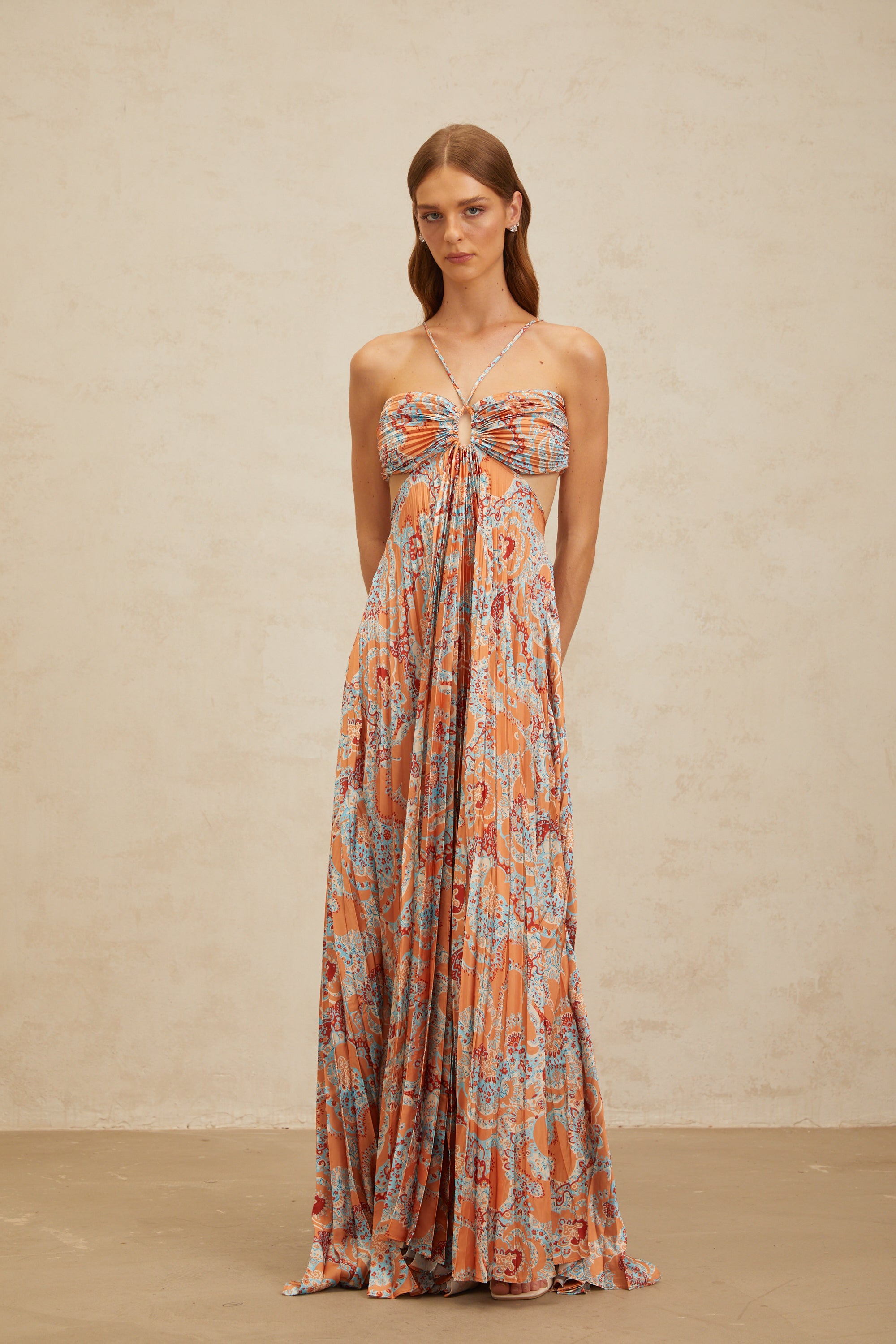 Andréa Orange Floral Print Pleated Maxi Dress with Cutout Detail (Final Sale-US Only)