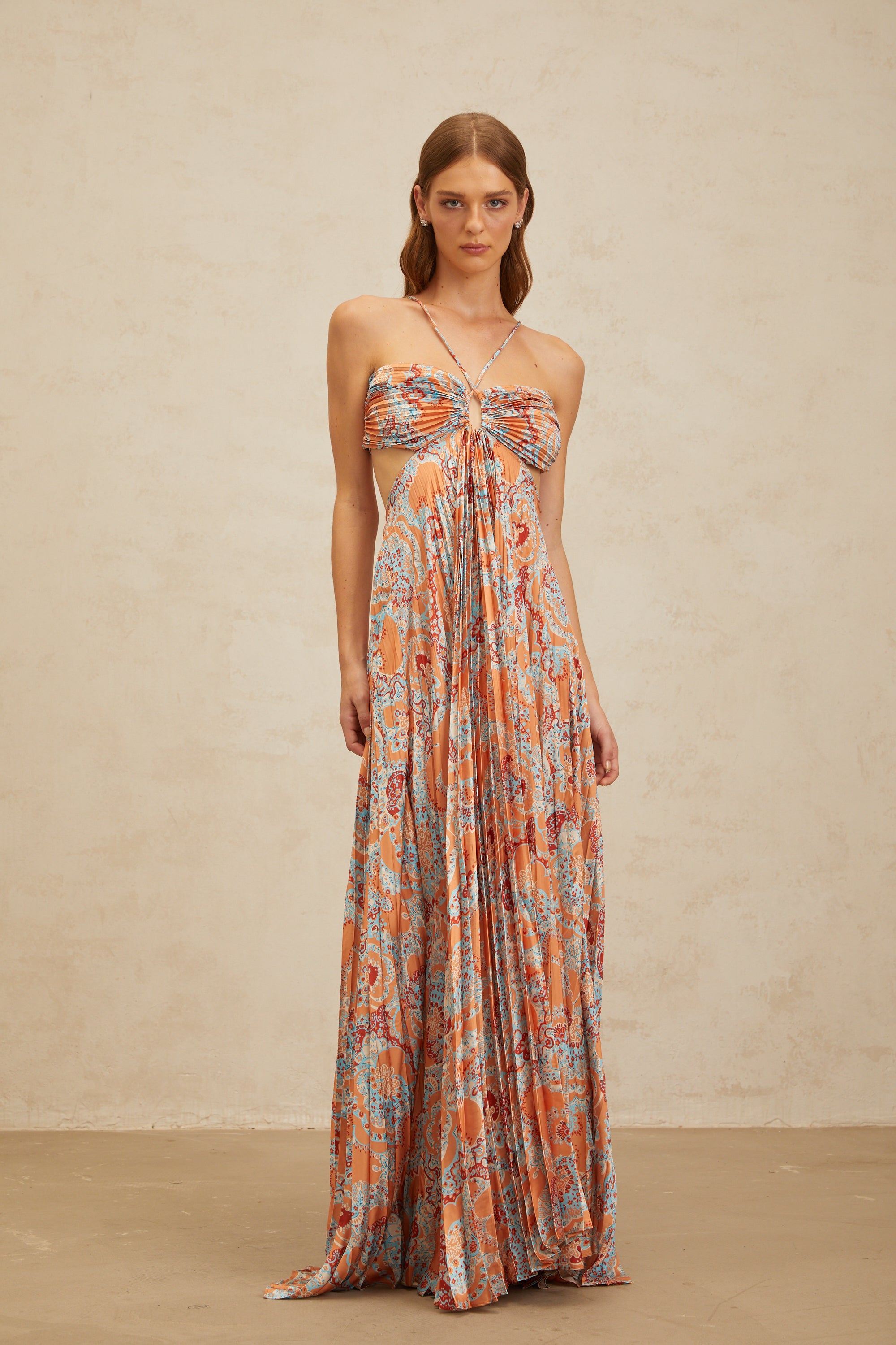 Andréa Orange Floral Print Pleated Maxi Dress with Cutout Detail (Final Sale-US Only)