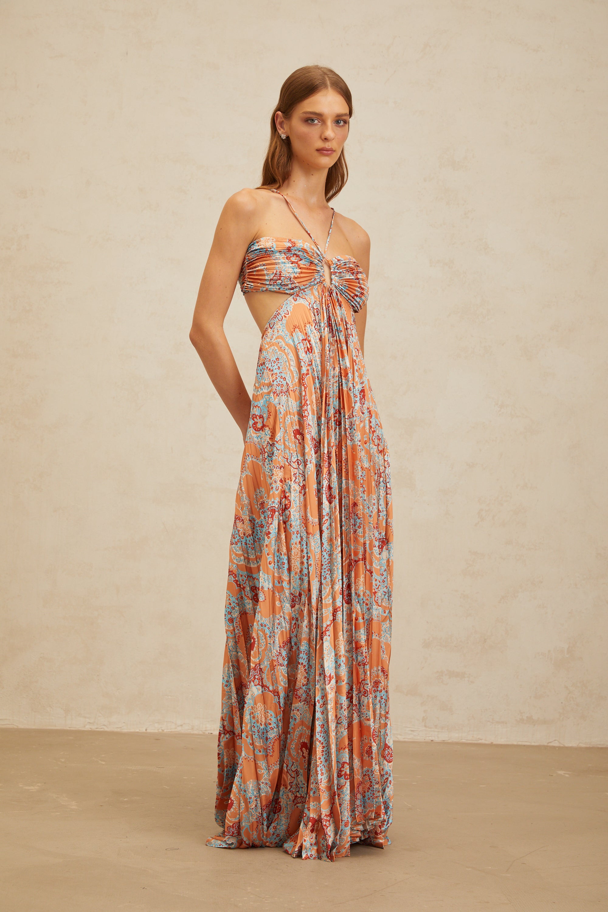 Andréa Orange Floral Print Pleated Maxi Dress with Cutout Detail (Final Sale-US Only)