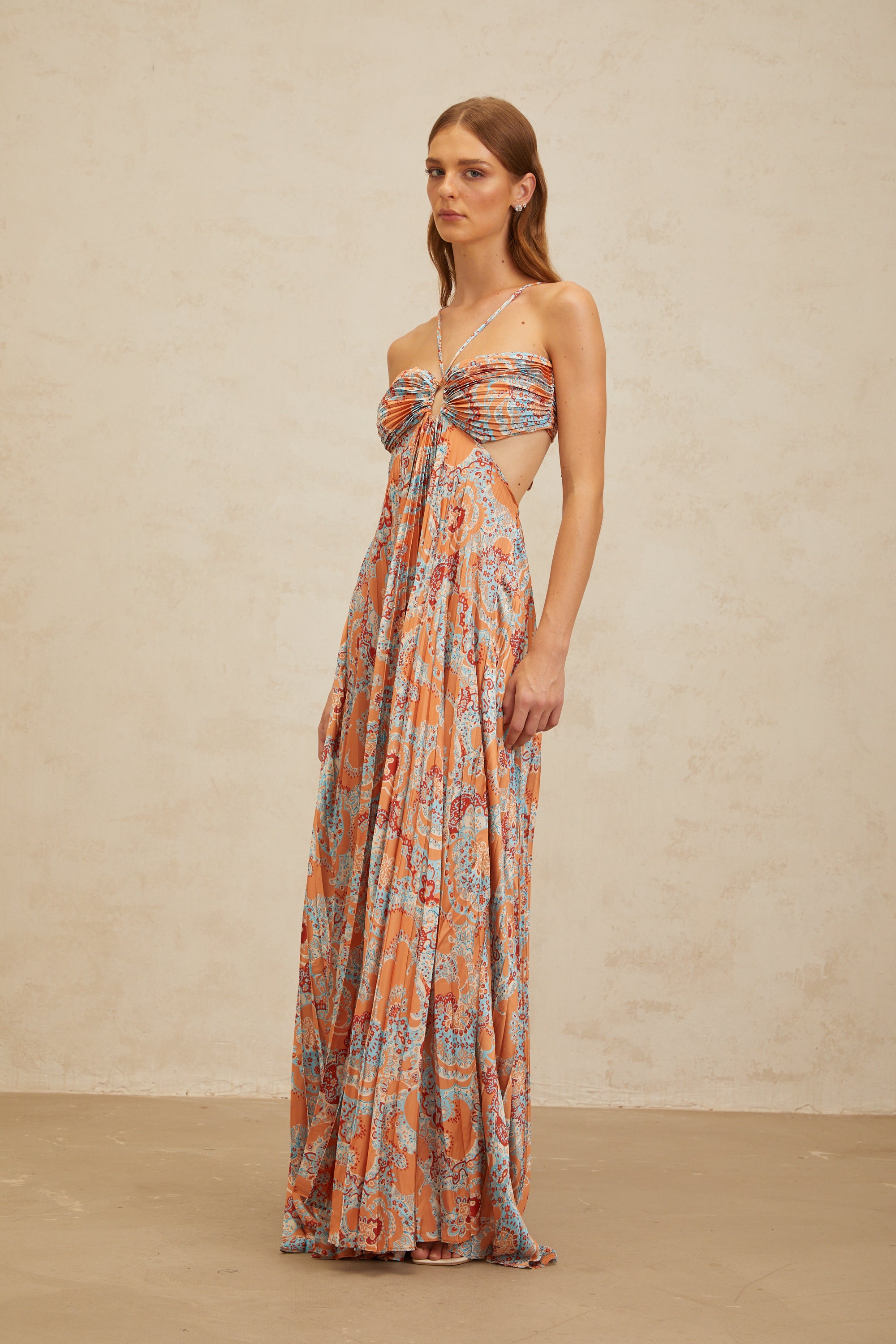 Andréa Orange Floral Print Pleated Maxi Dress with Cutout Detail (Final Sale-US Only)