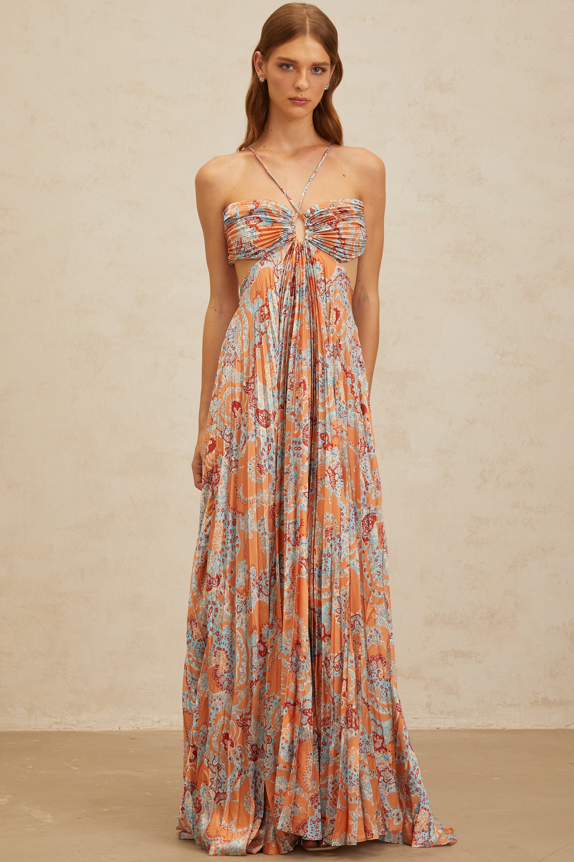 Andréa Orange Floral Print Pleated Maxi Dress with Cutout Detail (Final Sale-US Only)