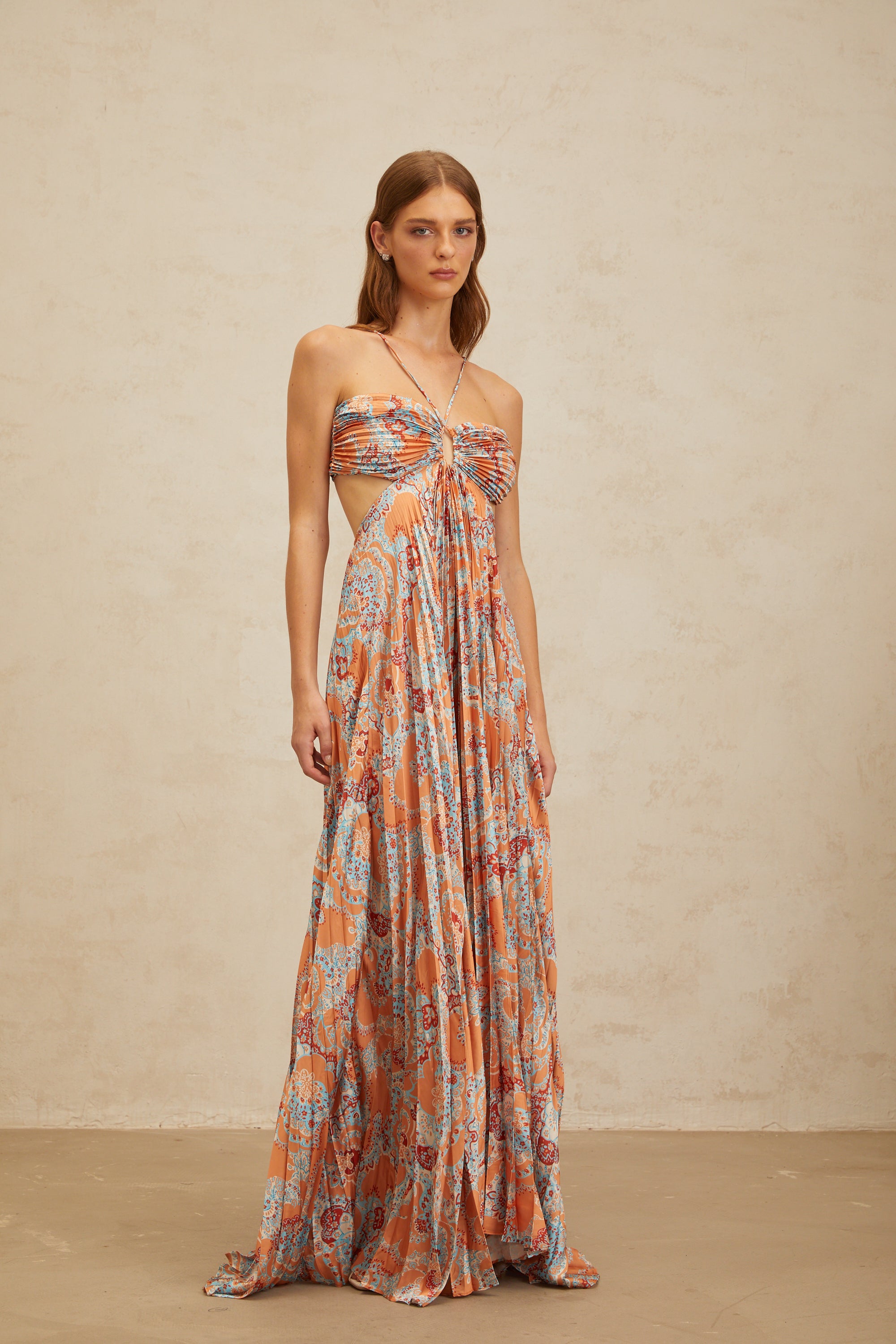 Andréa Orange Floral Print Pleated Maxi Dress with Cutout Detail (Final Sale-US Only)