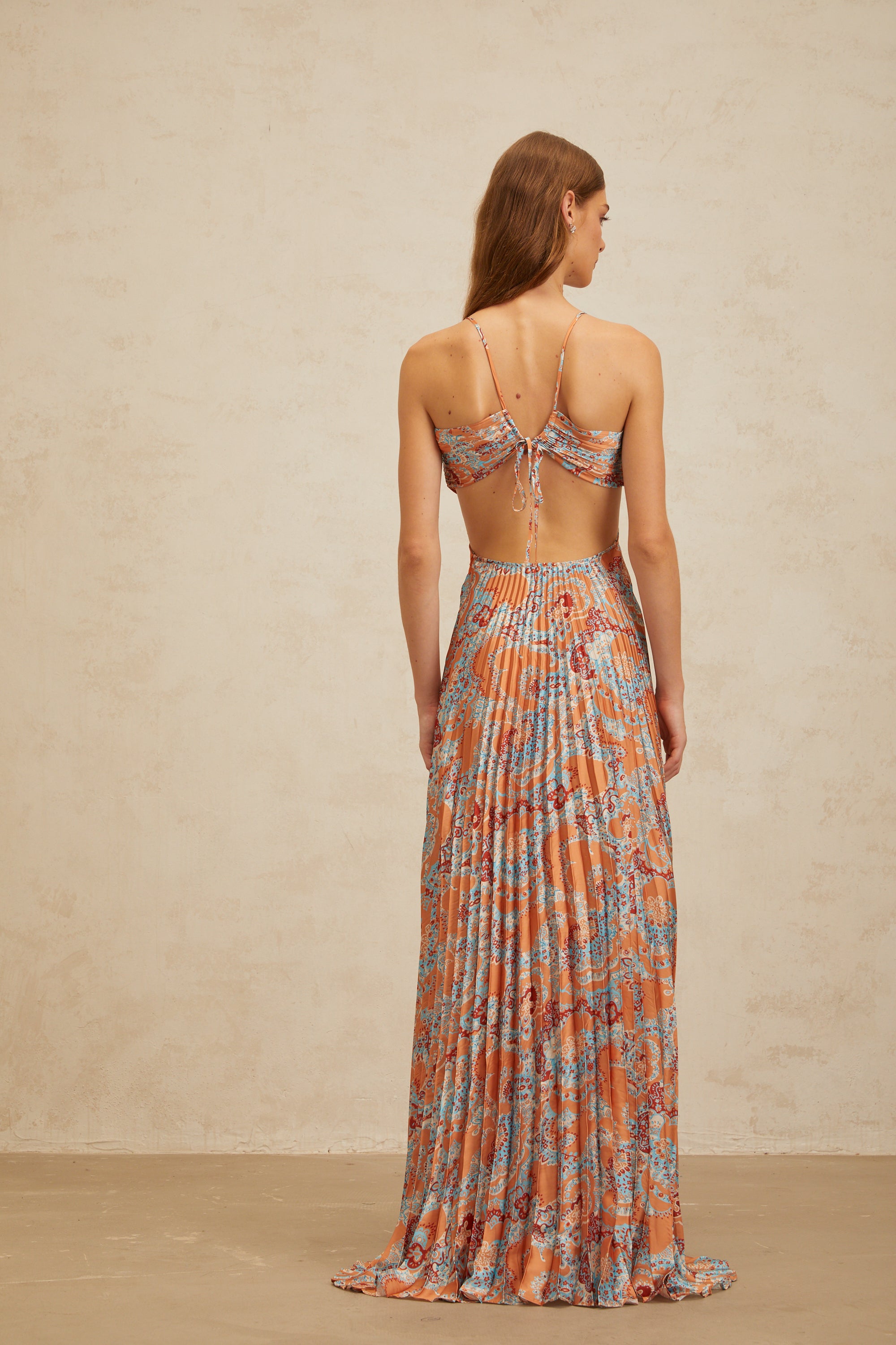 Andréa Orange Floral Print Pleated Maxi Dress with Cutout Detail (Final Sale-US Only)