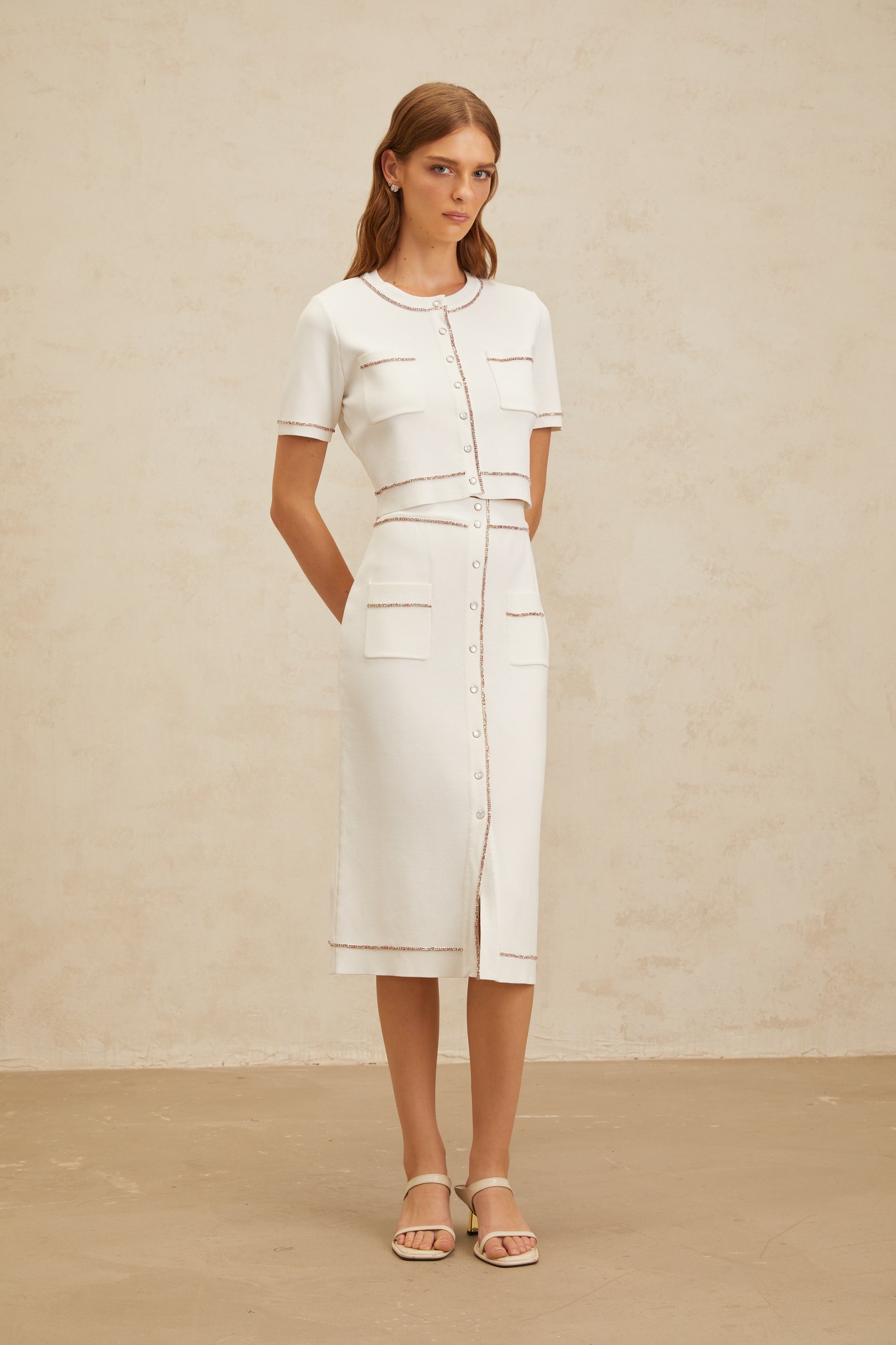Clotilde White embellished Knit Top & Skirt Set (Final Sale-US Only)
