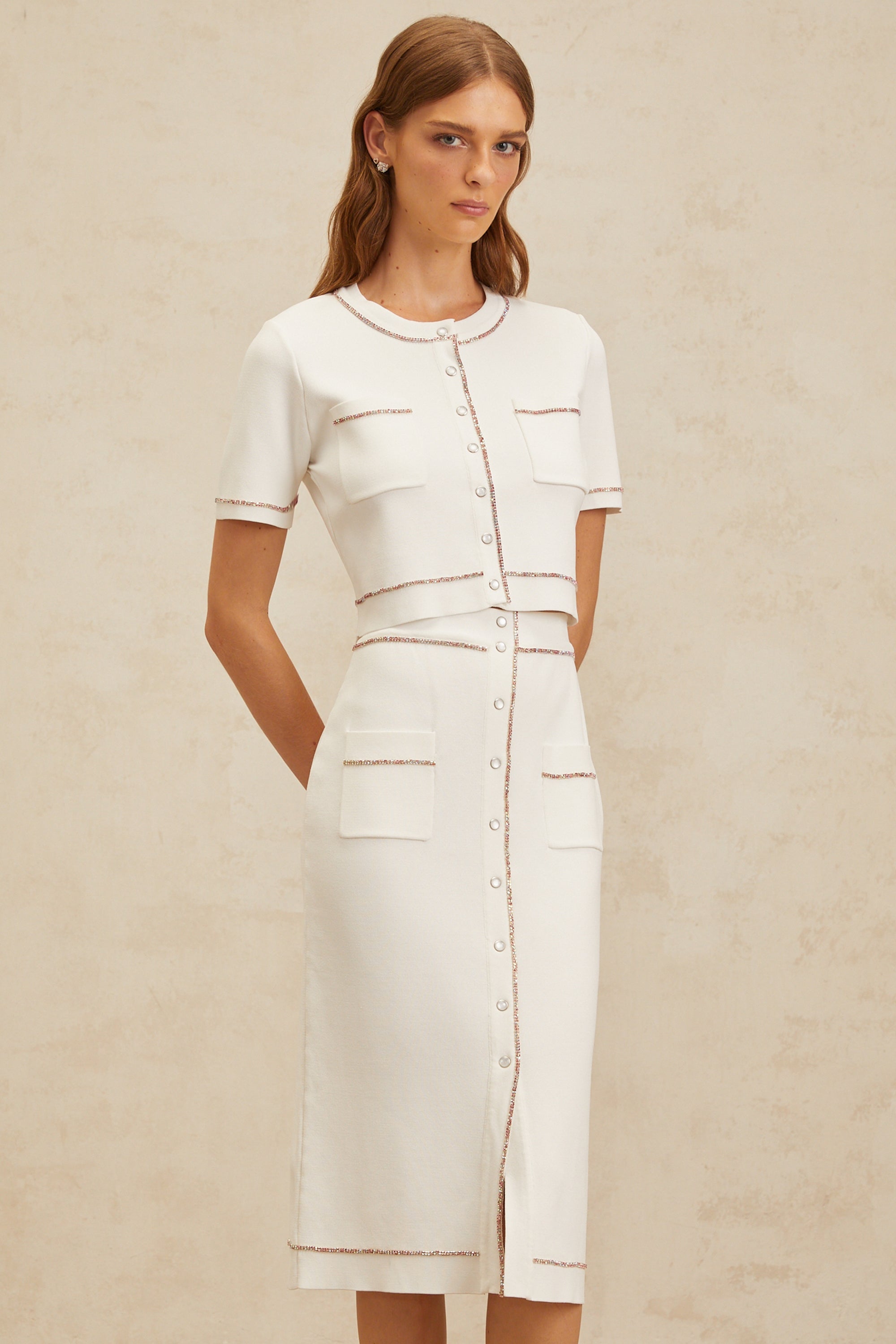 Clotilde White embellished Knit Top & Skirt Set (Final Sale-US Only)