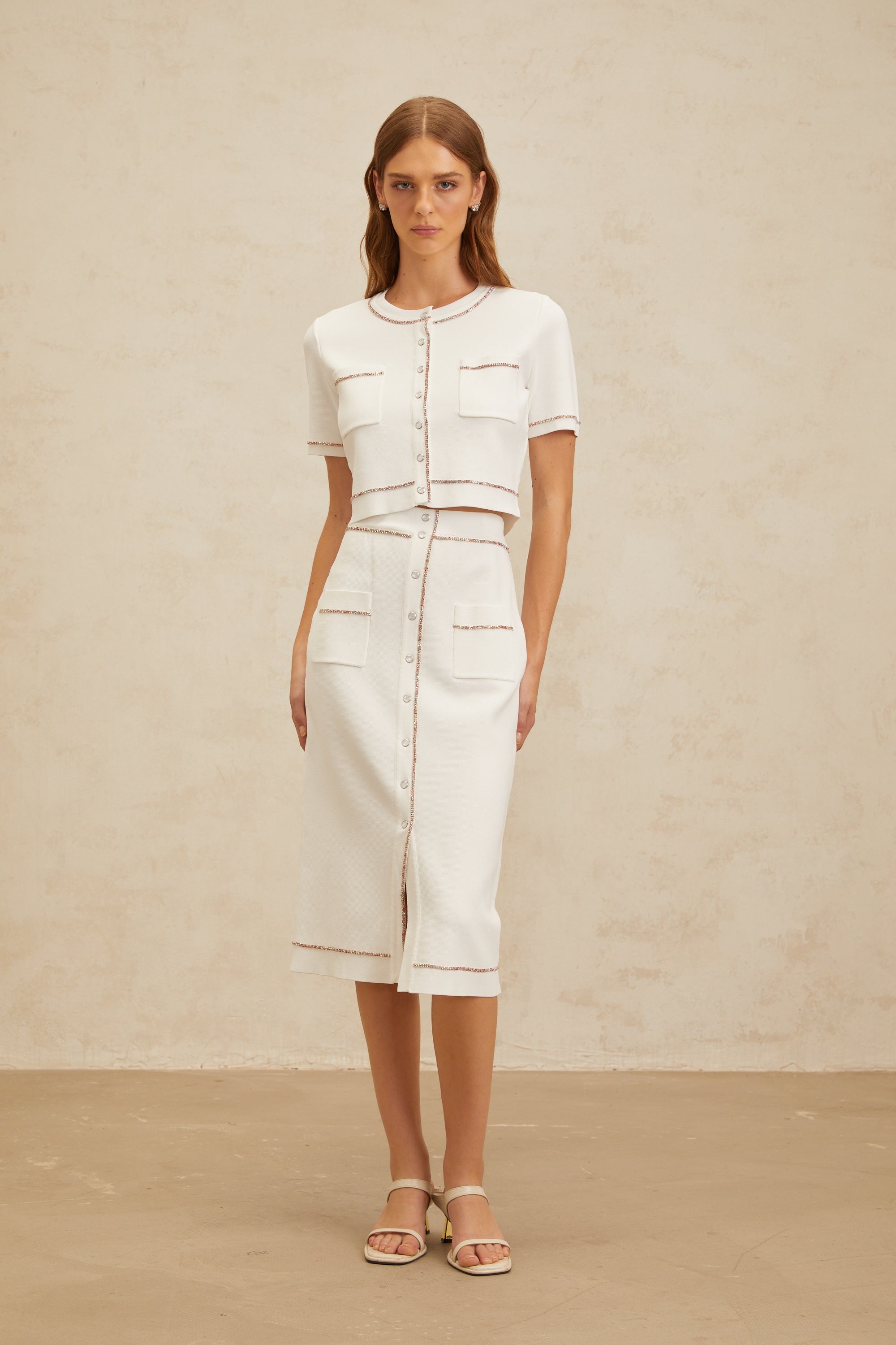 Clotilde White embellished Knit Top & Skirt Set (Final Sale-US Only)