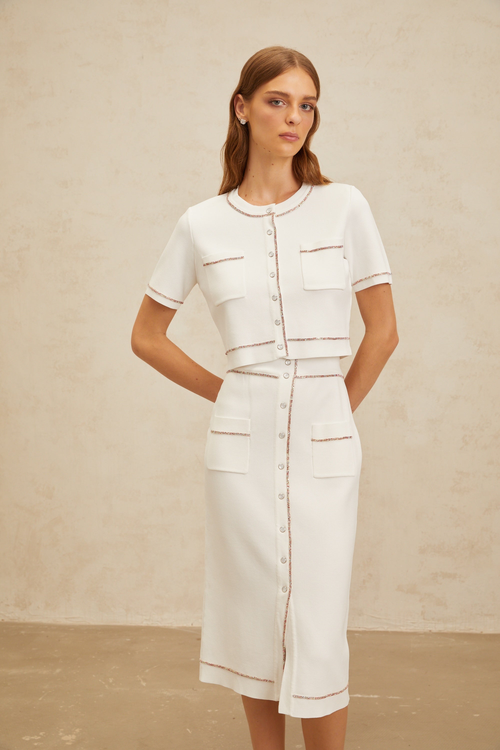Clotilde White embellished Knit Top & Skirt Set (Final Sale-US Only)