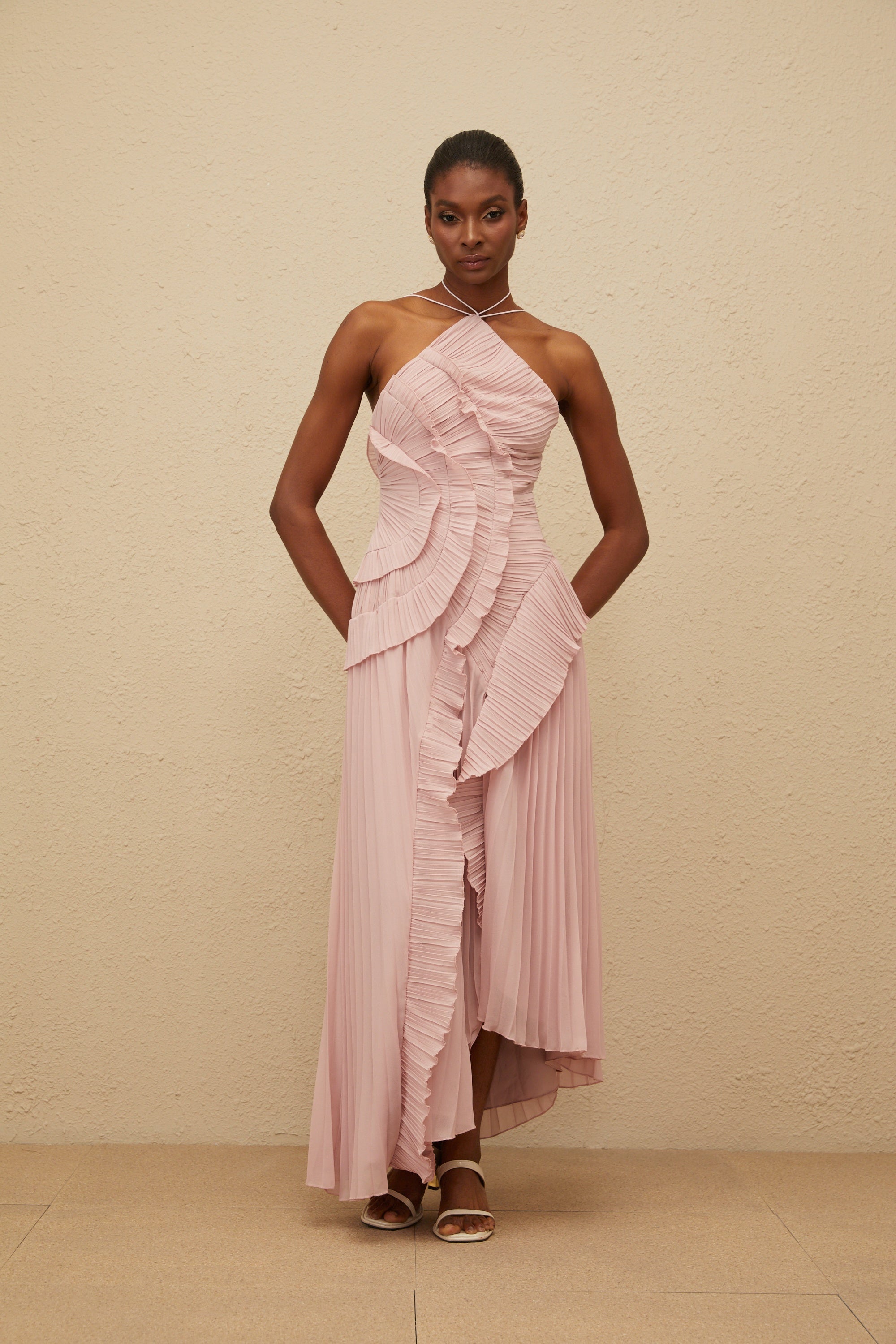 Doux Pink Ruffled Trim Pleated Midi Dress – Miss Rosier - Women's