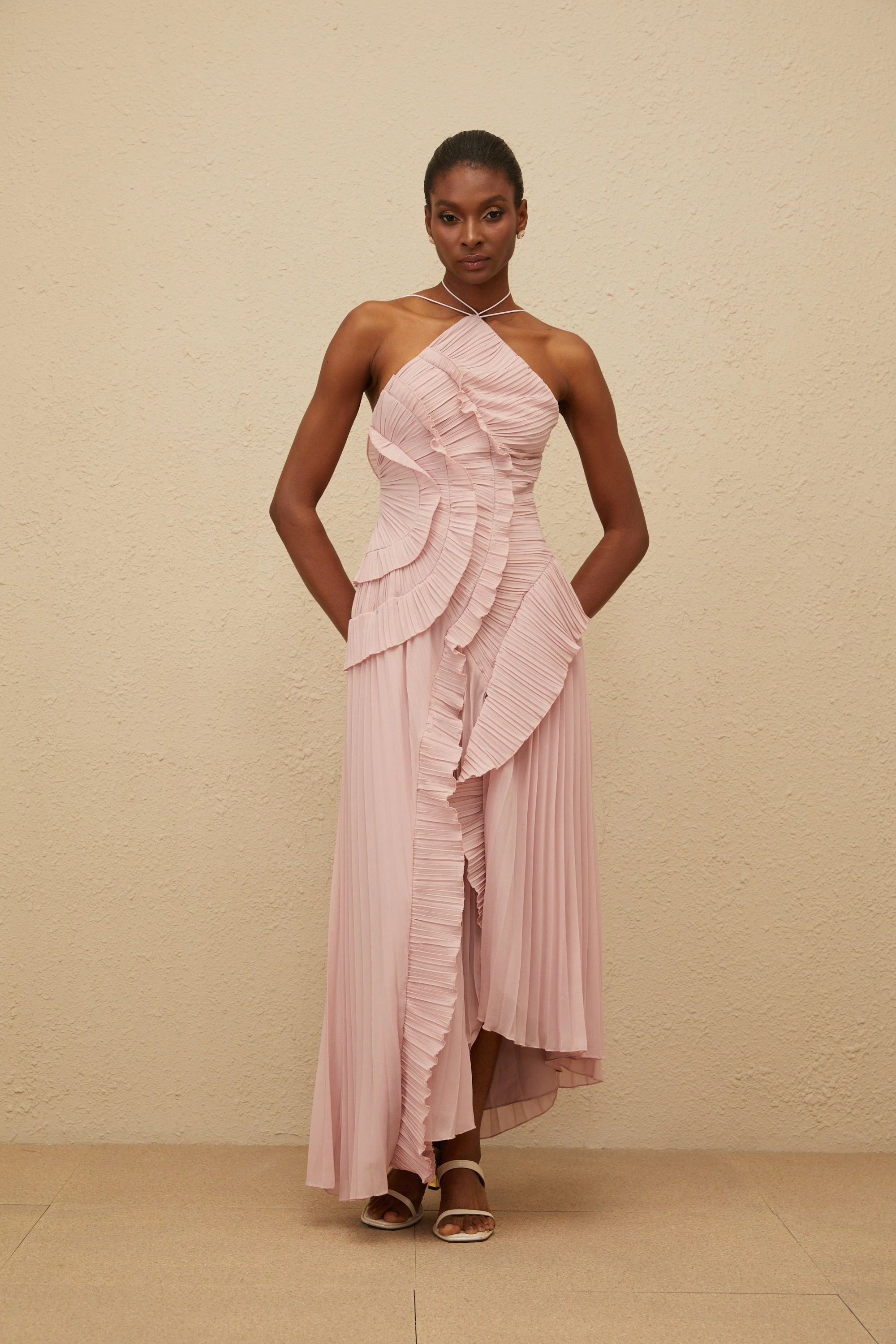 Pink Ruffled Pleated Midi Dress