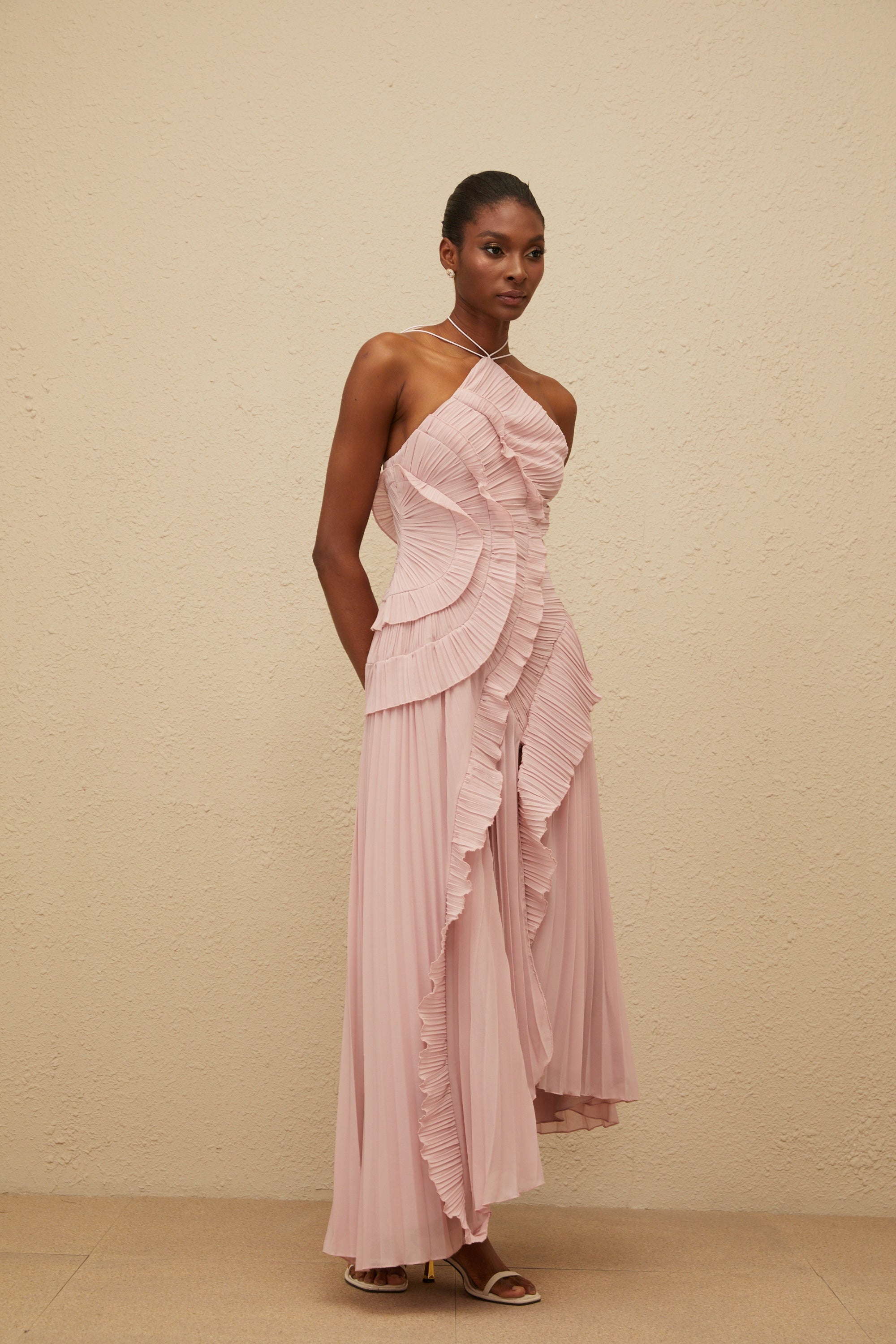 Doux Pink Ruffled Trim Pleated Midi Dress – Miss Rosier - Women's
