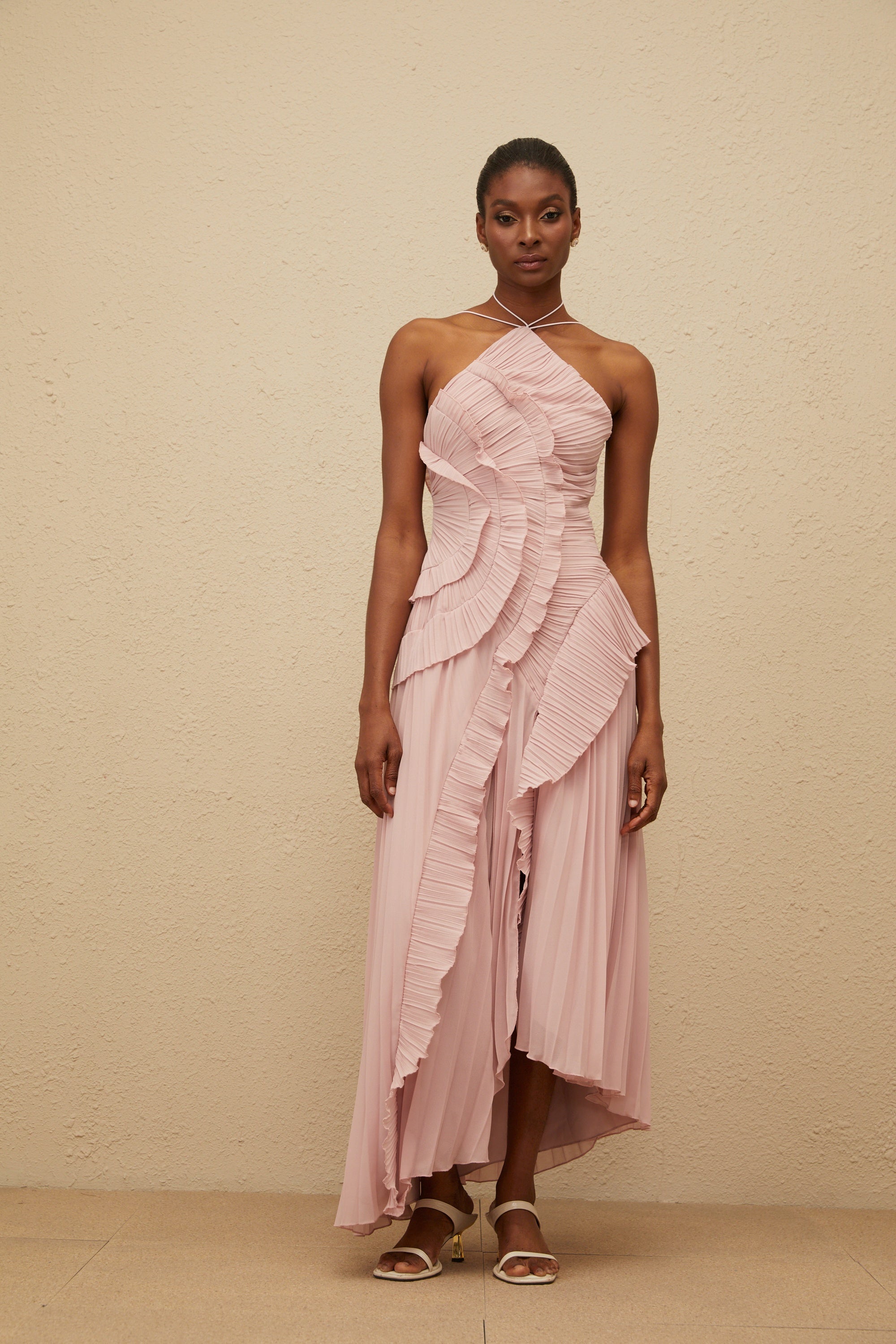Doux Pink Ruffled Trim Pleated Midi Dress – Miss Rosier - Women's