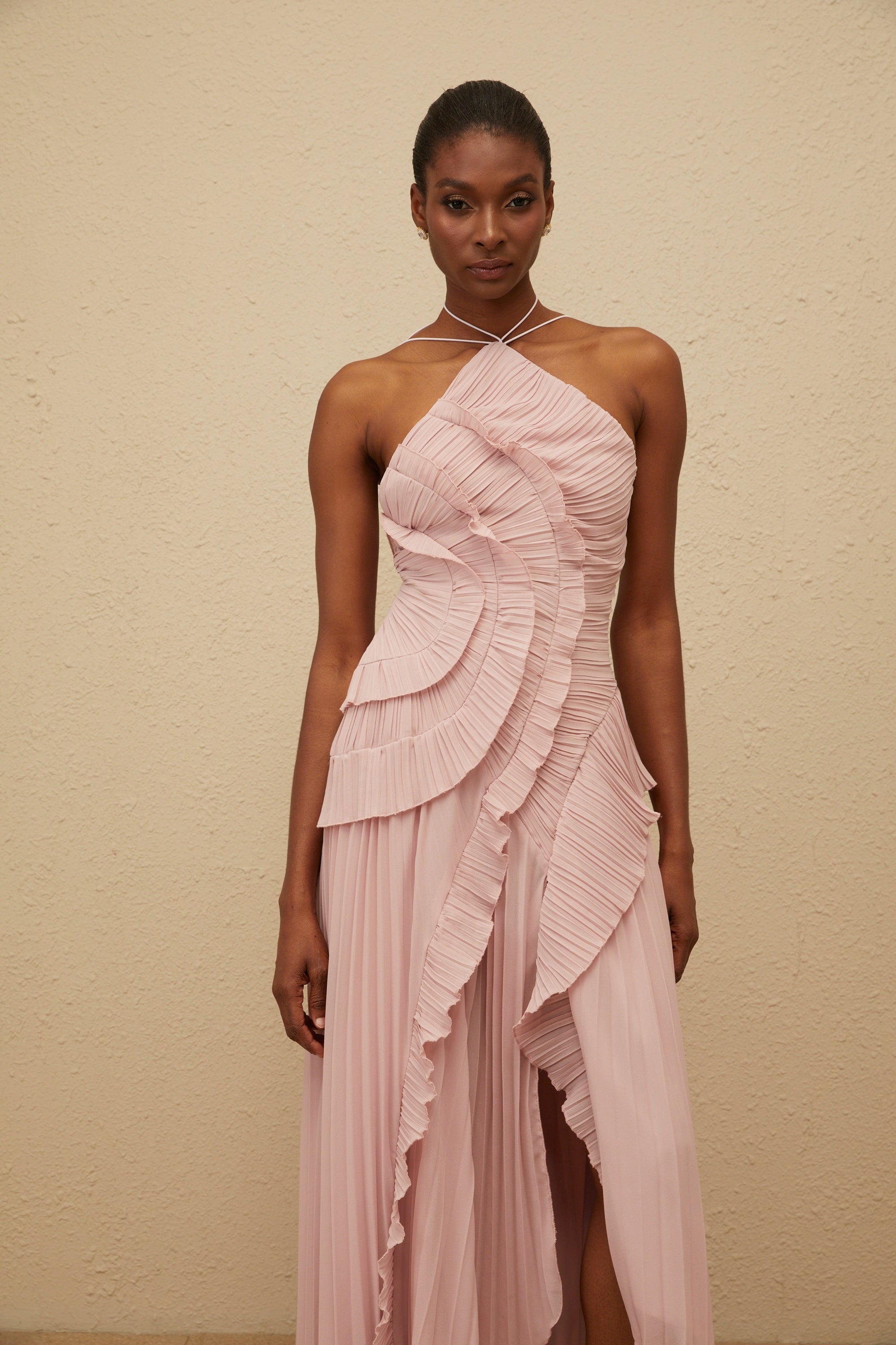 Doux Pink Ruffled Trim Pleated Midi Dress – Miss Rosier - Women's