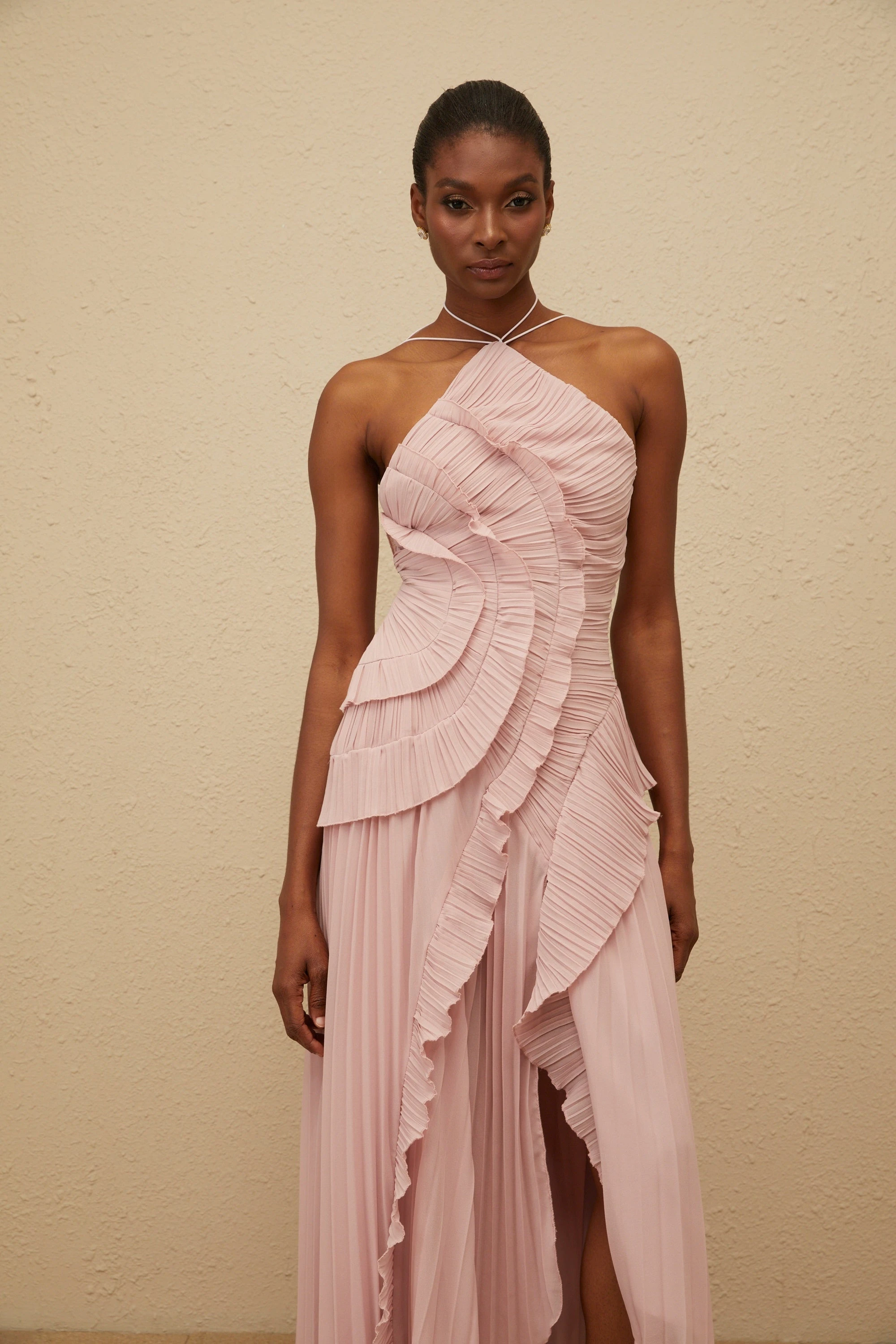 Pink Ruffled Pleated Midi Dress