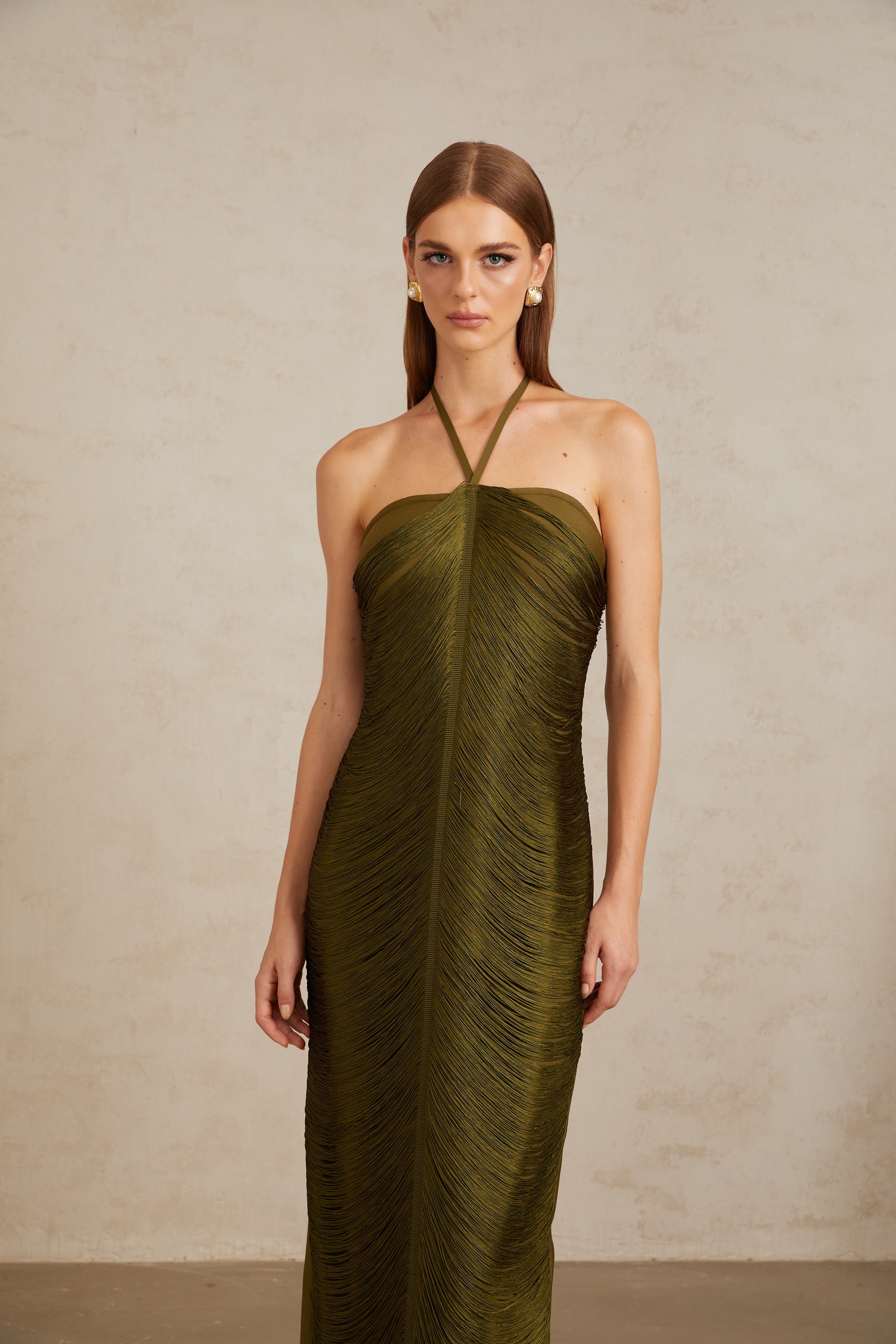 Polliana Olive Green Fringed Corset Maxi Gown – Miss Rosier