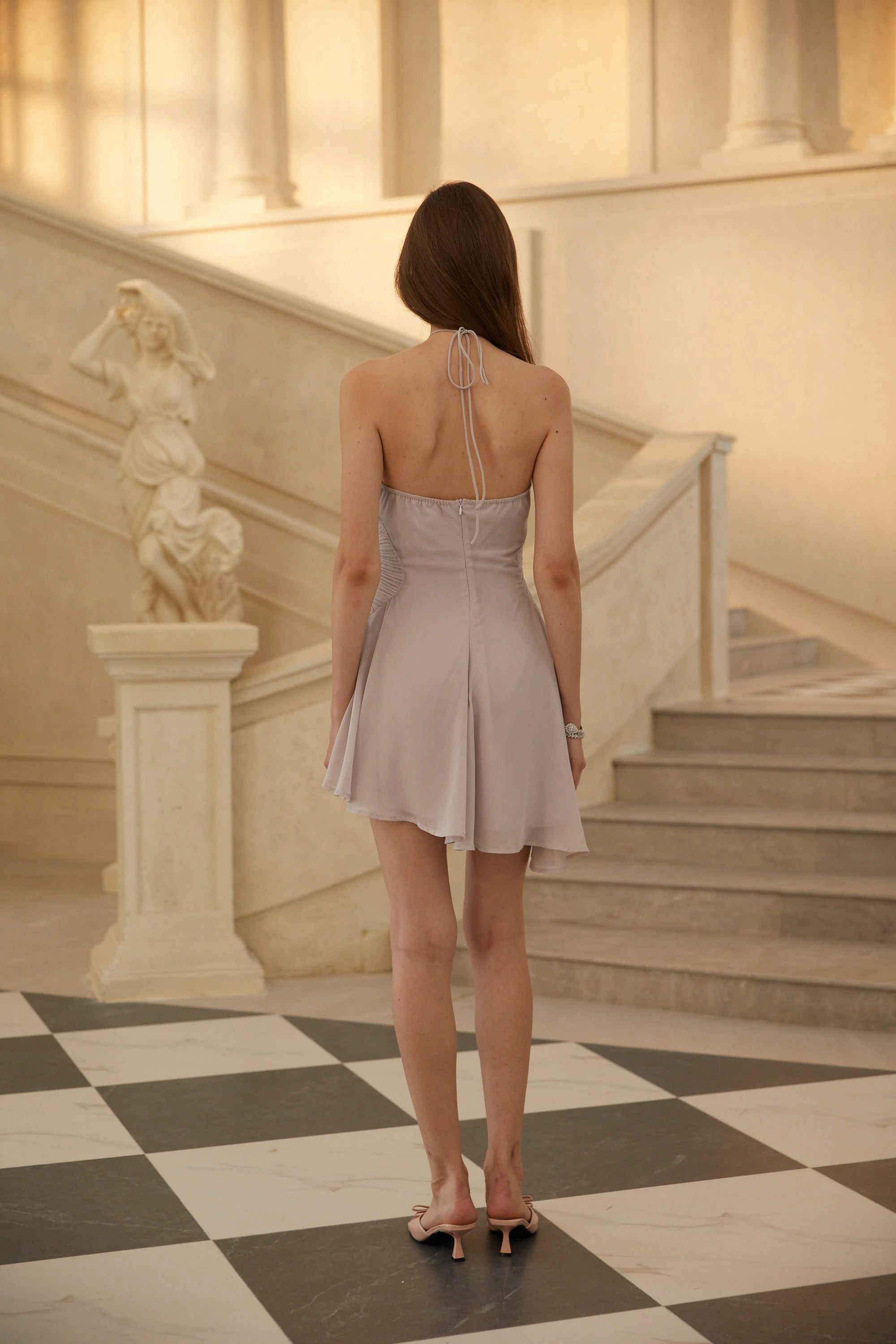 Mauve pleated halter mini dress with ruffles