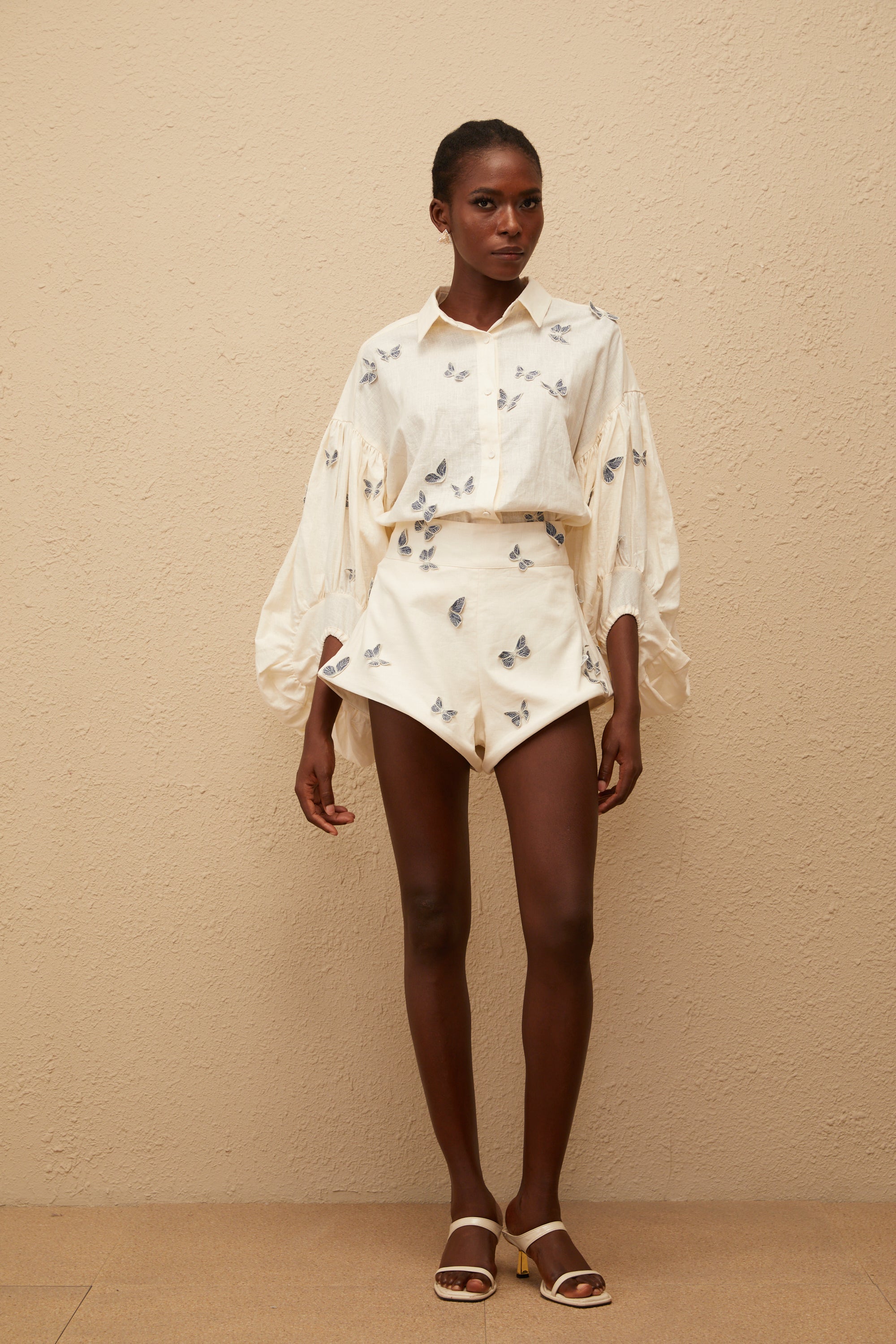 Ophélie White Butterfly Embroidered Shirt & Shorts Set – Miss