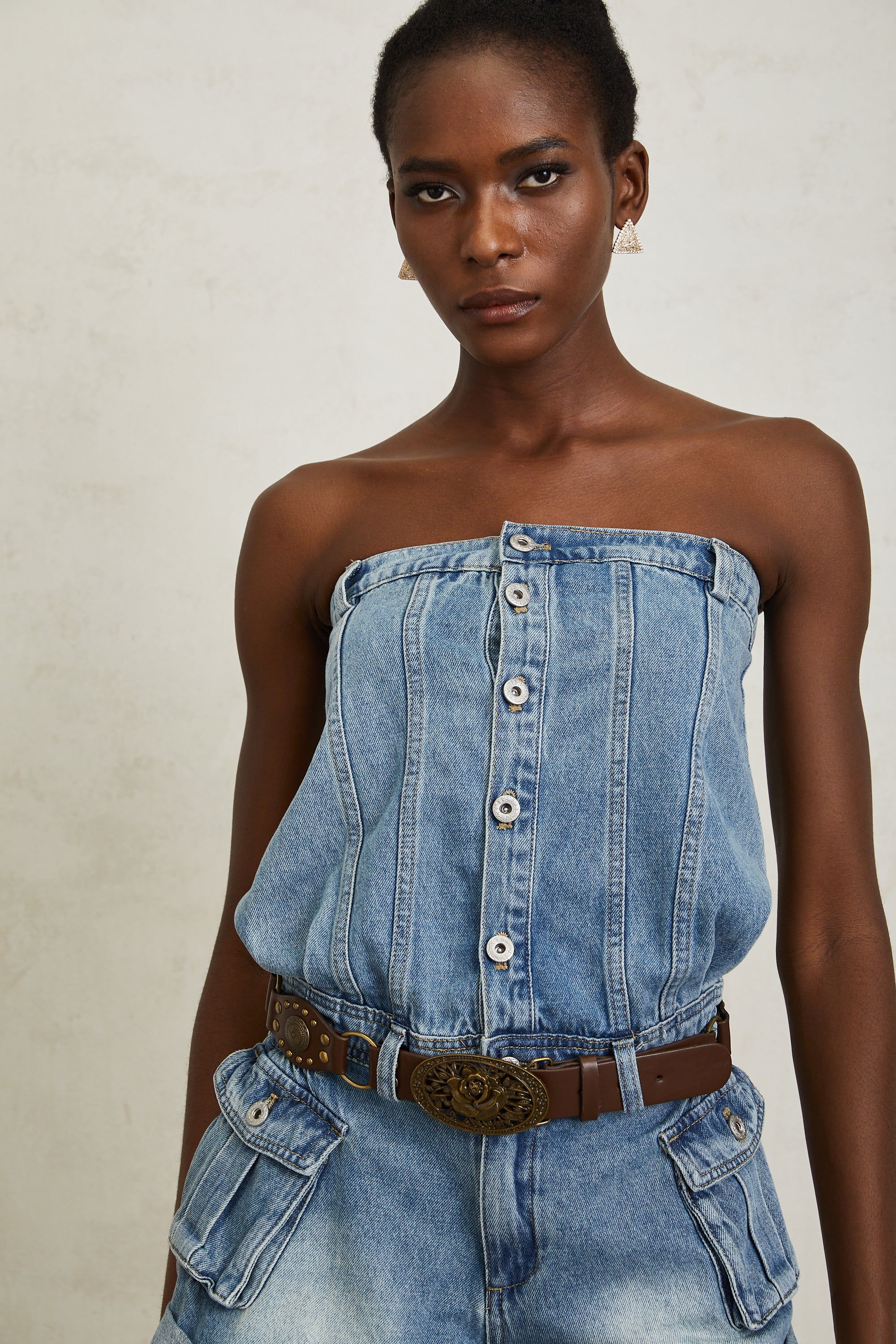 Marta Blue Faded Effect Denim Playsuit